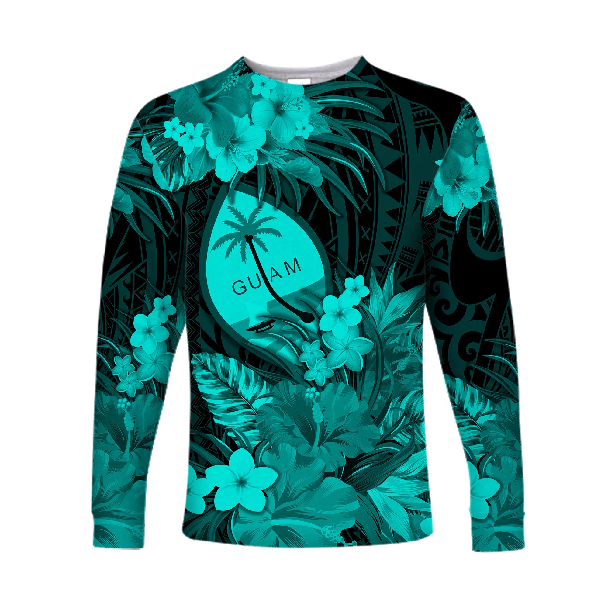 (Custom Personalised) Guam Polynesian Long Sleeve Shirt Tropical Flowers - Turquoise LT8 Unisex Turquoise - Polynesian Pride