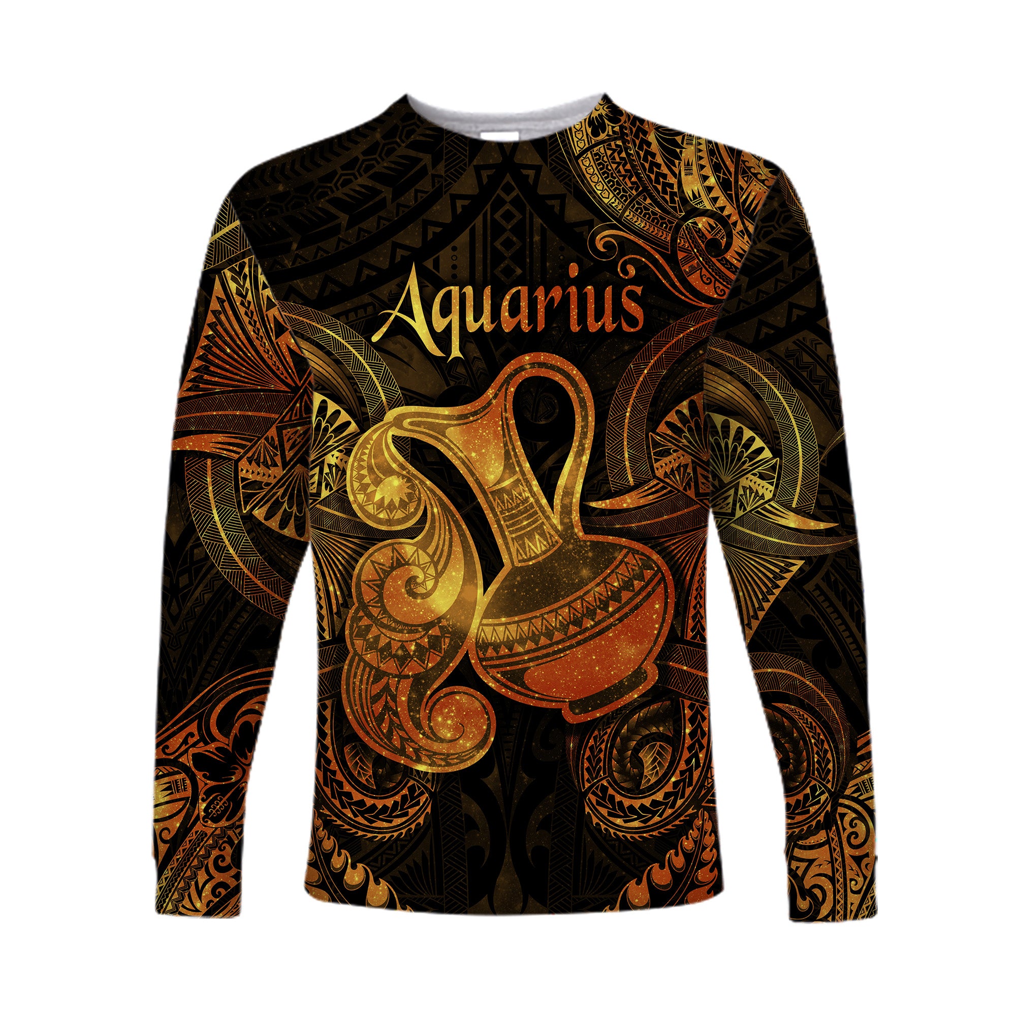 (Custom Personalised) Aquarius Zodiac Polynesian Long Sleeve Shirt Unique Style - Gold LT8 Unisex Gold - Polynesian Pride