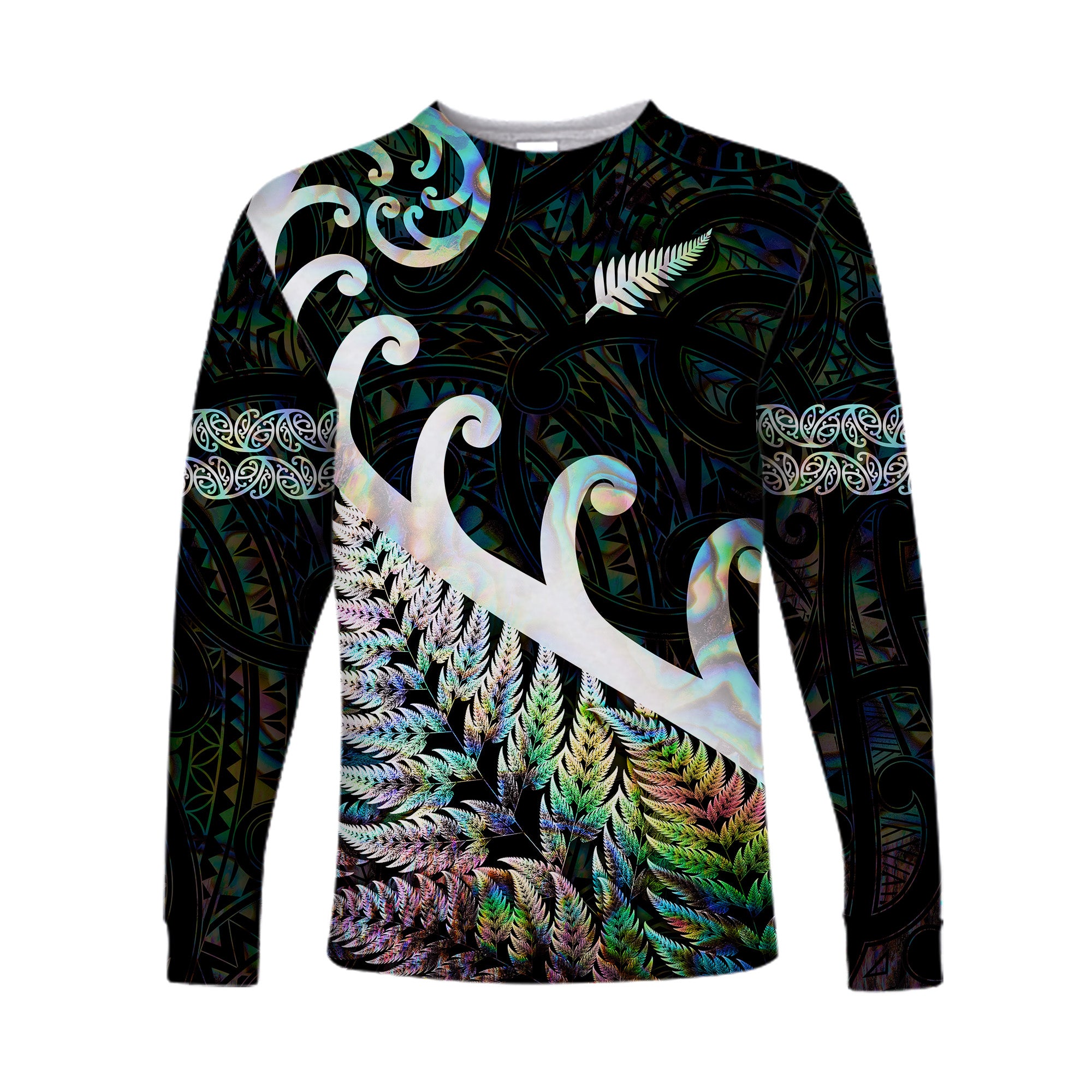 (Custom Personalised) New Zealand Rugby Maori Long Sleeve Shirt Silver Fern Koru Vibes - Paua Shell LT8 Unisex Green - Polynesian Pride