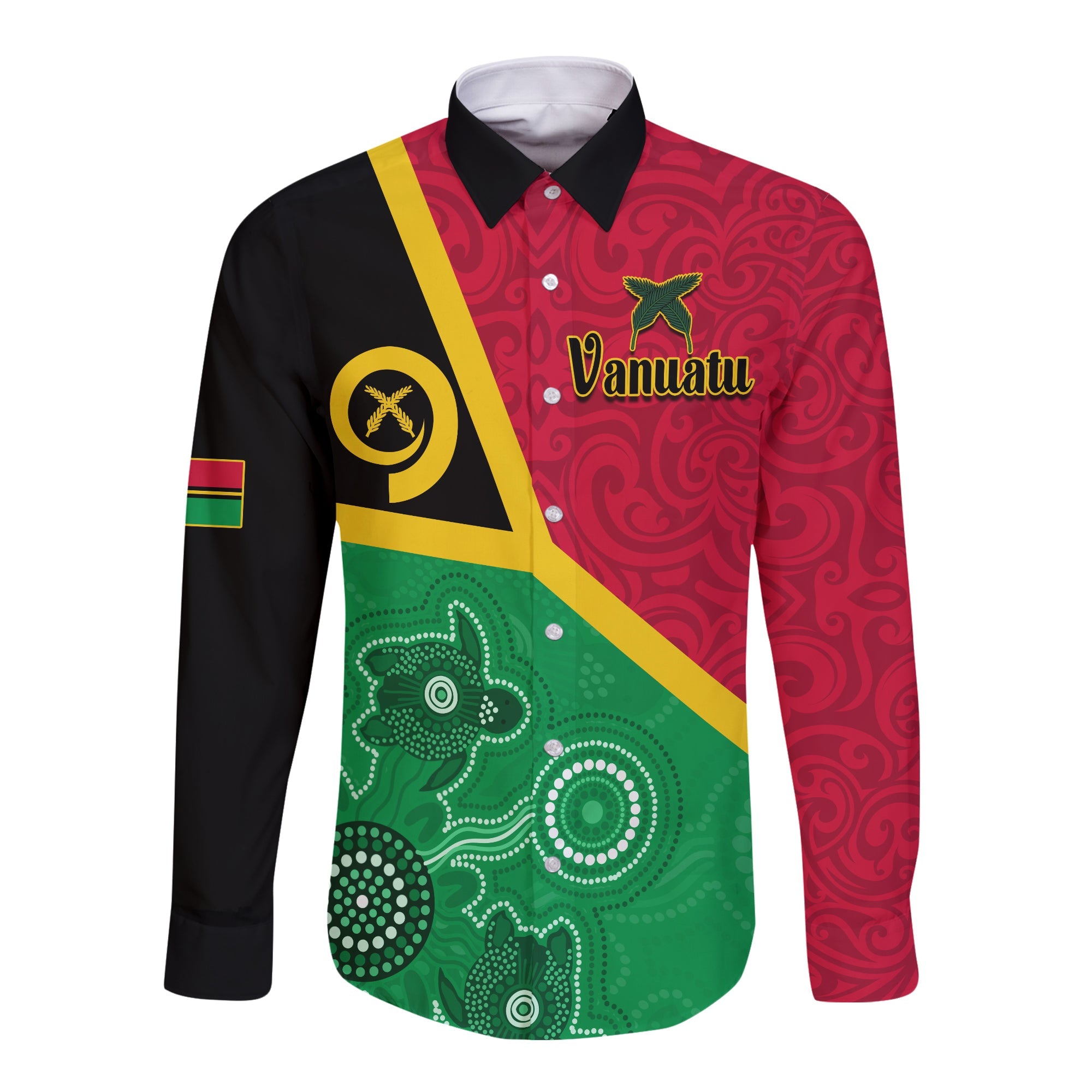 Vanuatu Long Sleeve Button Shirt Aboriginal Turtle Mix Sand Drawing LT13 Unisex Red - Polynesian Pride