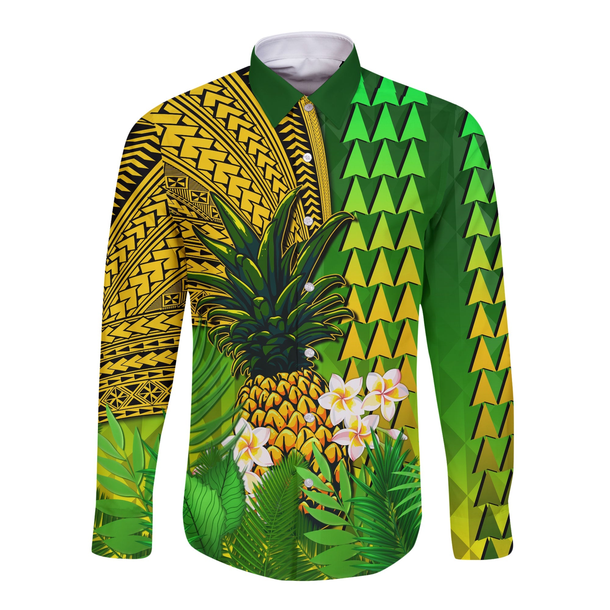 Hawaii Pineapple Long Sleeve Button Shirt Plumeria Frangipani Mix Tribal Pattern LT13 Unisex Green - Polynesian Pride