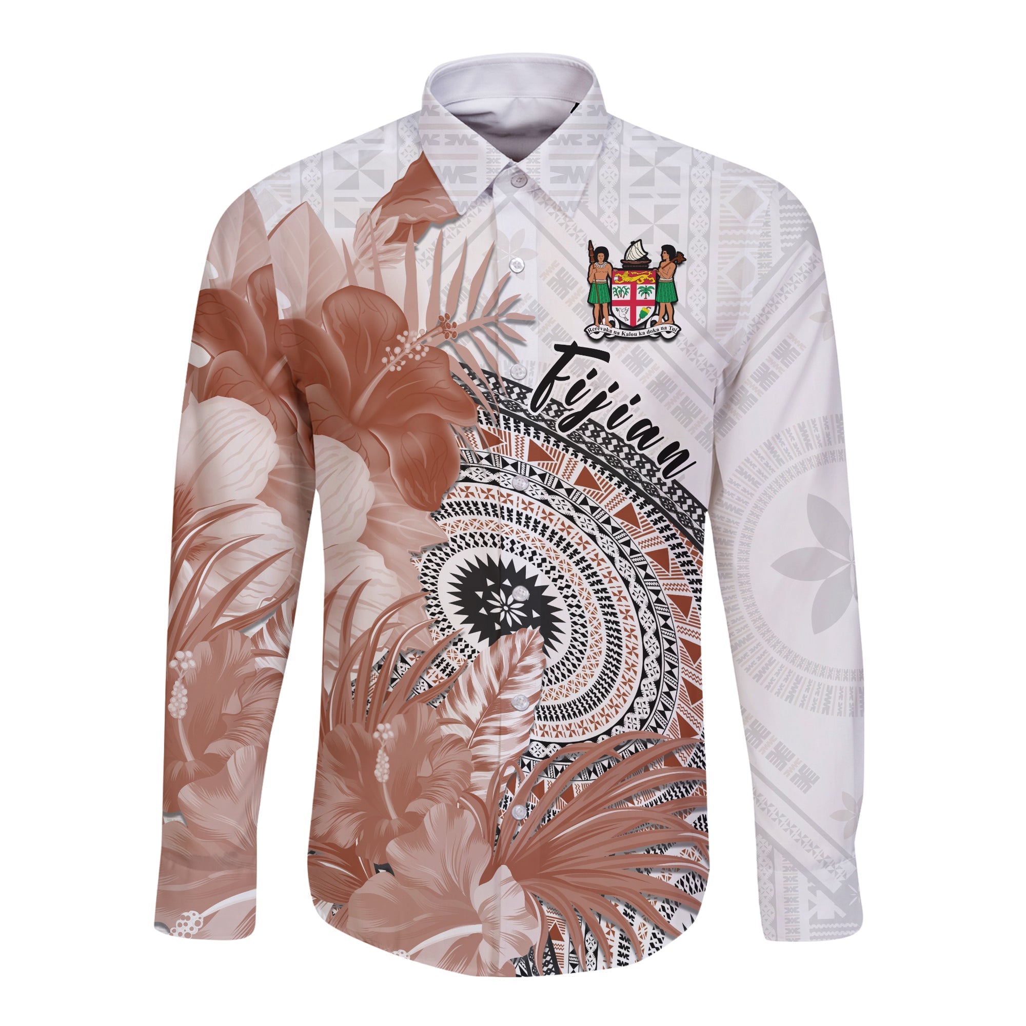 Fiji Tapa Long Sleeve Button Shirt White Fijian Masi Be Loved Hibiscus LT13 Unisex White - Polynesian Pride