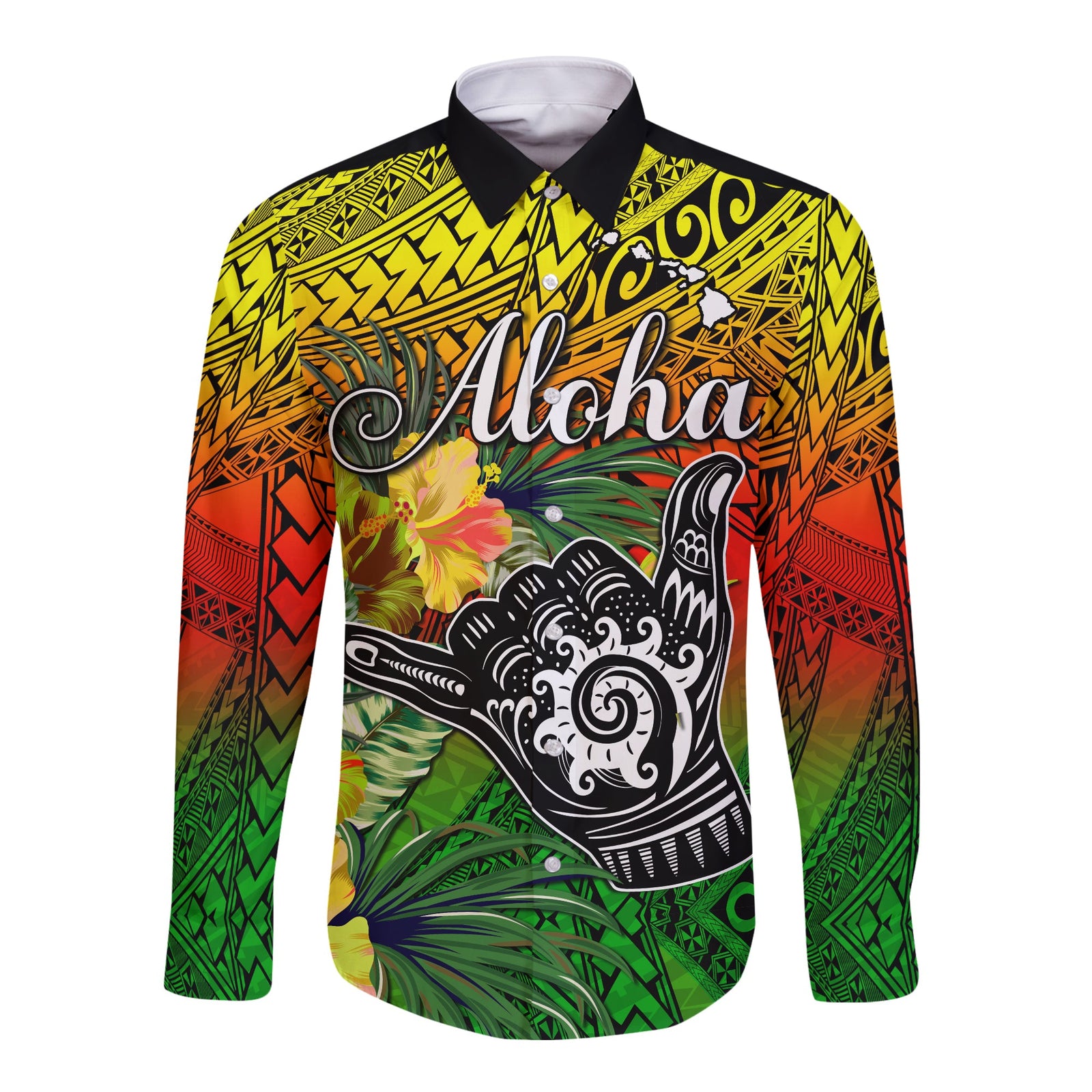 The Shaka Hawaii Long Sleeve Button Shirt Tropical Flowers Reggae Version LT13 Unisex Reggae - Polynesian Pride