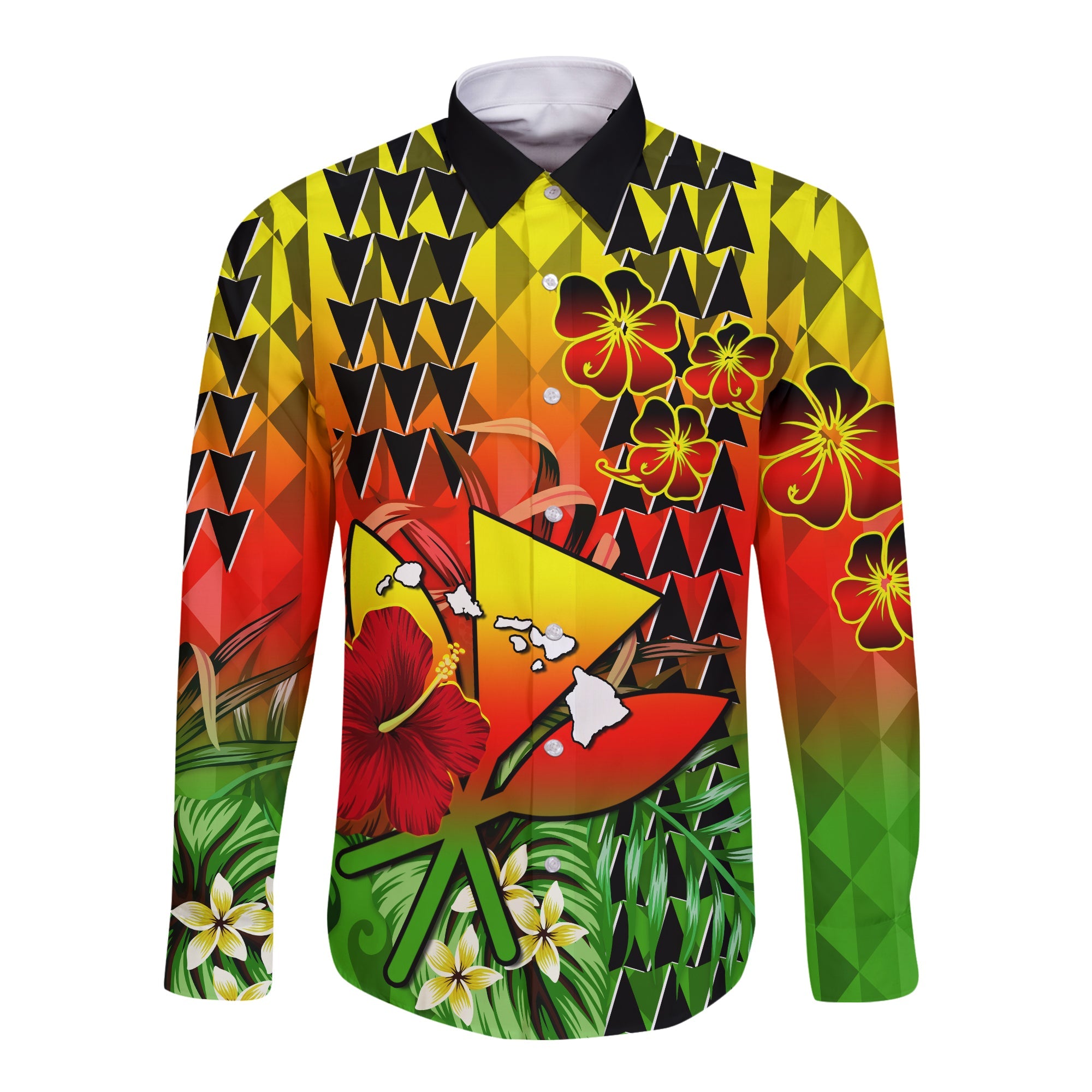 Hawaii Flowers Long Sleeve Button Shirt Color Tribal Pattern Hawaiian LT13 Unisex Reggae - Polynesian Pride