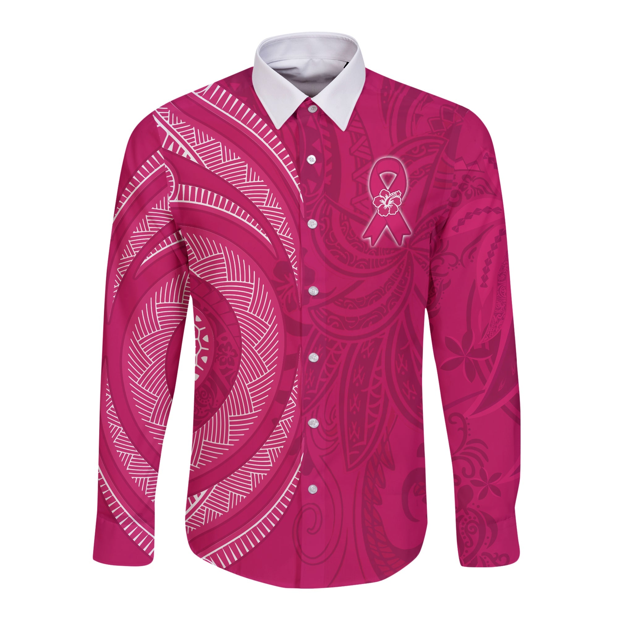 Breast Cancer Awareness Long Sleeve Button Shirt Hibiscus Polynesian No One Fights Alone LT13 Unisex Pink - Polynesian Pride