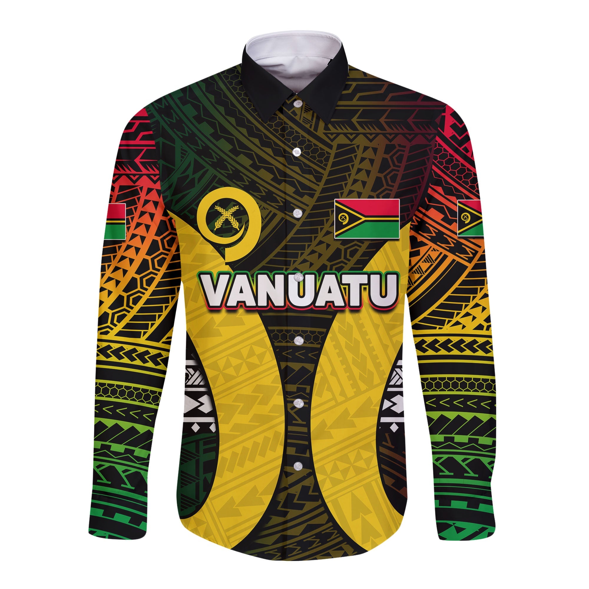 (Custom Personalised) Vanuatu Off Shoulder Long Sleeve Button Shirt Polynesian Patterns Mix Pig Tusk LT6 Unisex Black - Polynesian Pride