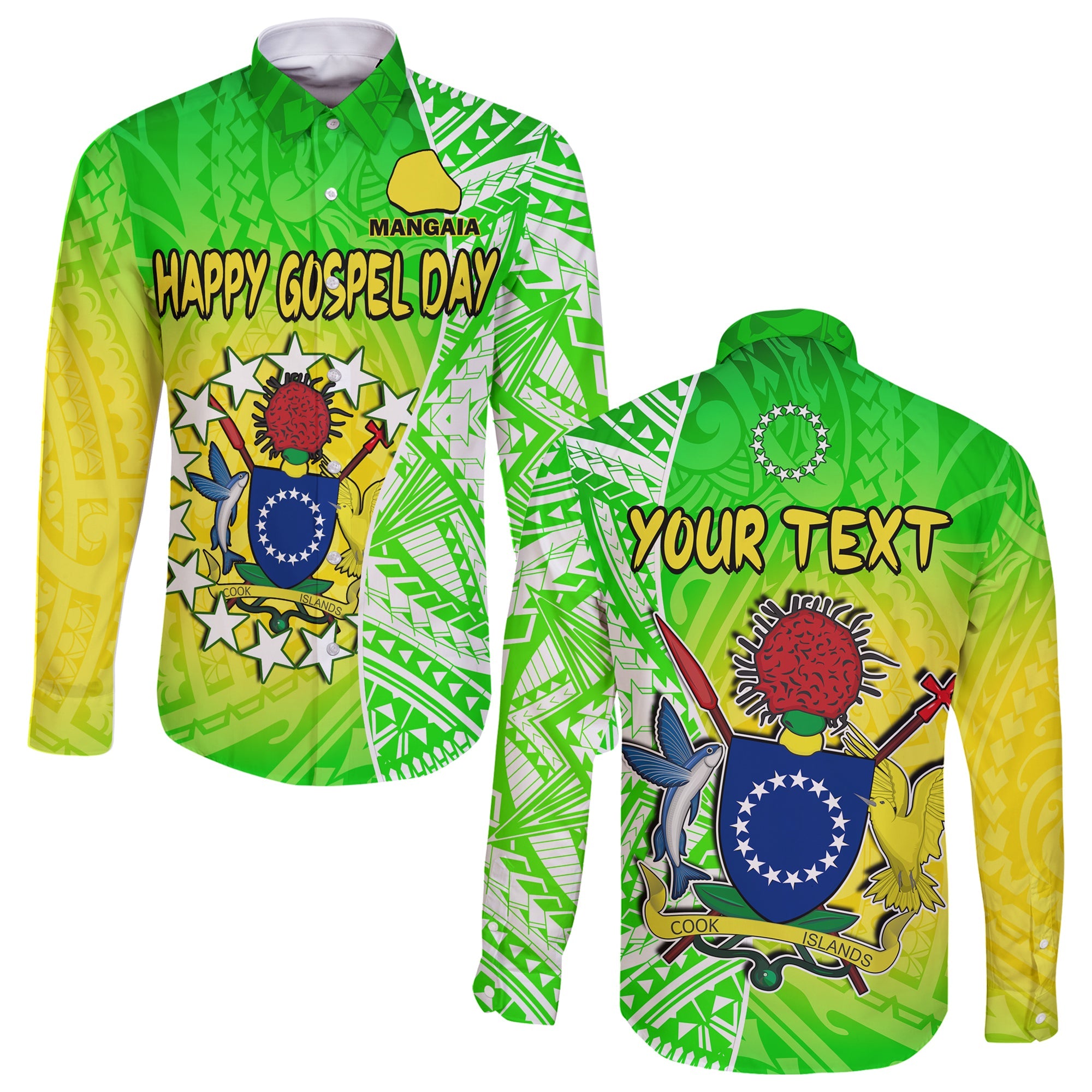 (Custom Personalised) Happy Mangaia Gospel Day Long Sleeve Button Shirt Cook Islands Coat Of Arms Polynesian Pattern LT14 Unisex Green - Polynesian Pride