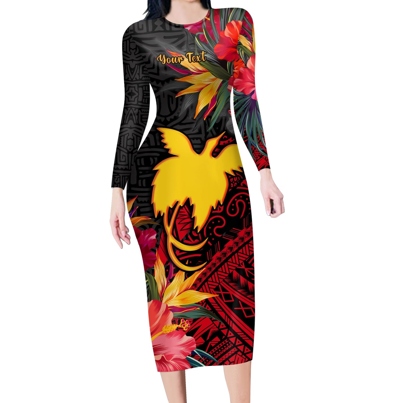 (Custom Personalised) Papua New Guinea Long Sleeves Dress Bird of Paradise Ver.02 LT13 Polyester spandex Black - Polynesian Pride