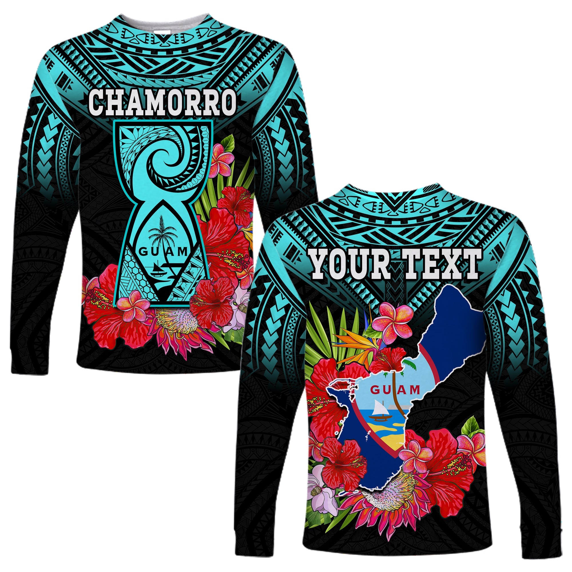 (Custom Personalised) Guam Chamorro Long Sleeve Shirt Guaman Latte Stone Tropical Flowers Turquoise Style LT14 Unisex Turquoise - Polynesian Pride