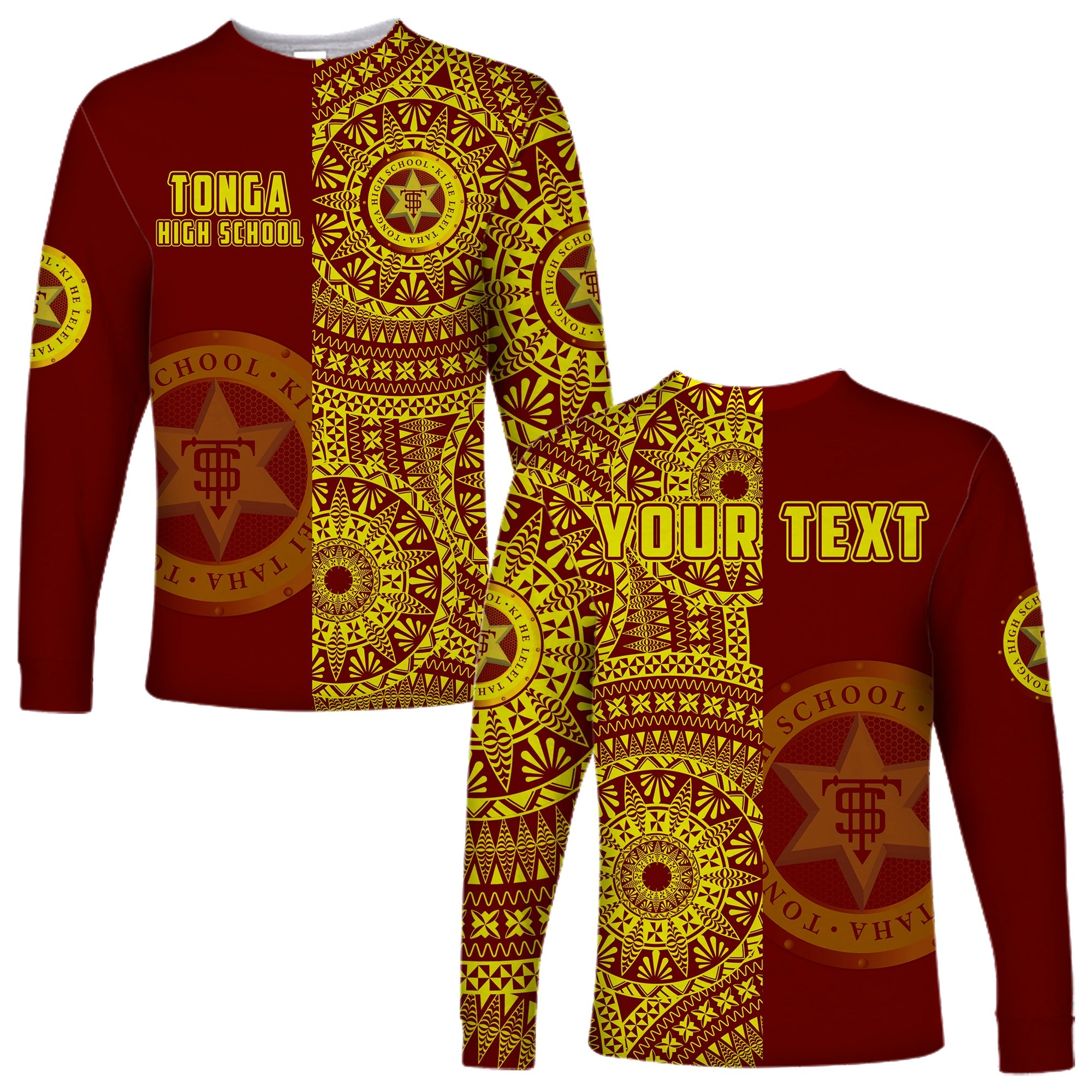 (Custom Personalised) Tonga High School Long Sleeve Shirt Tongan Ngatu Pattern LT14 Unisex Red - Polynesian Pride