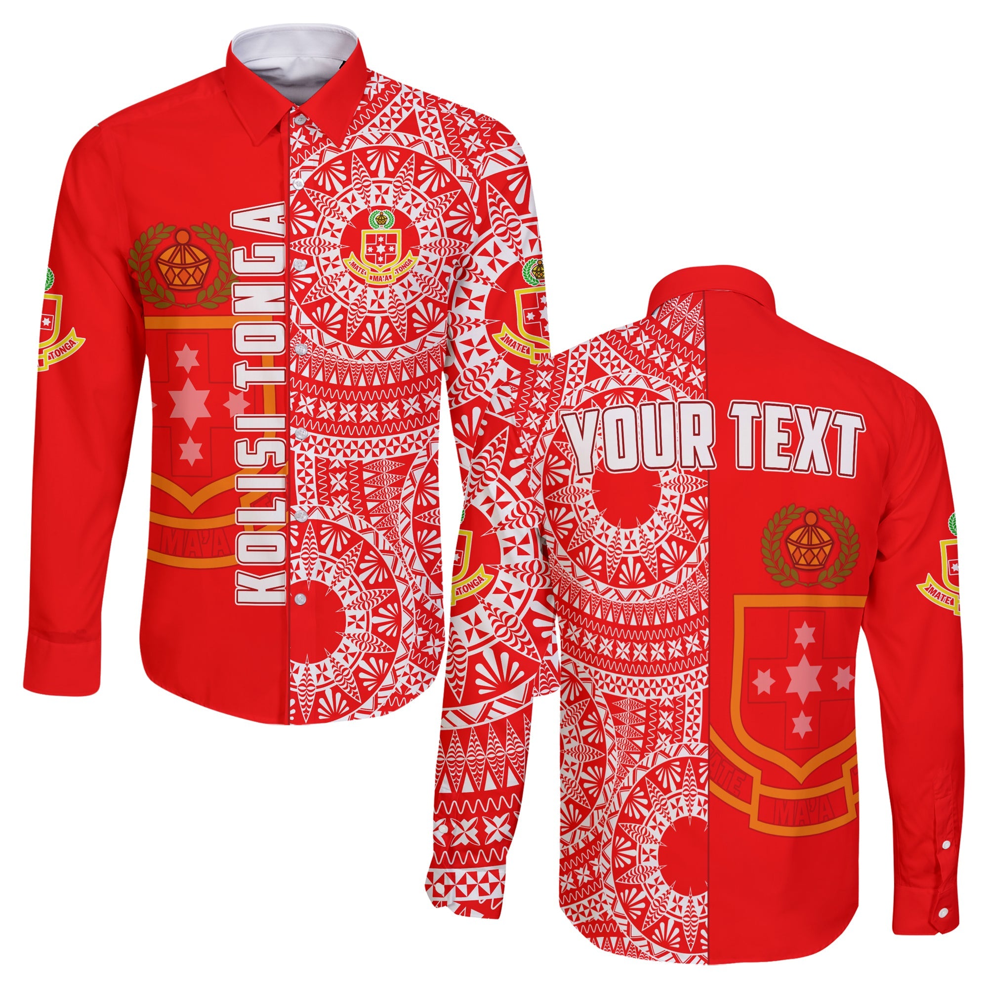 (Custom Personalised) Kolisi Tonga High School Long Sleeve Button Shirt Tongan Ngatu Pattern LT14 Unisex Red - Polynesian Pride