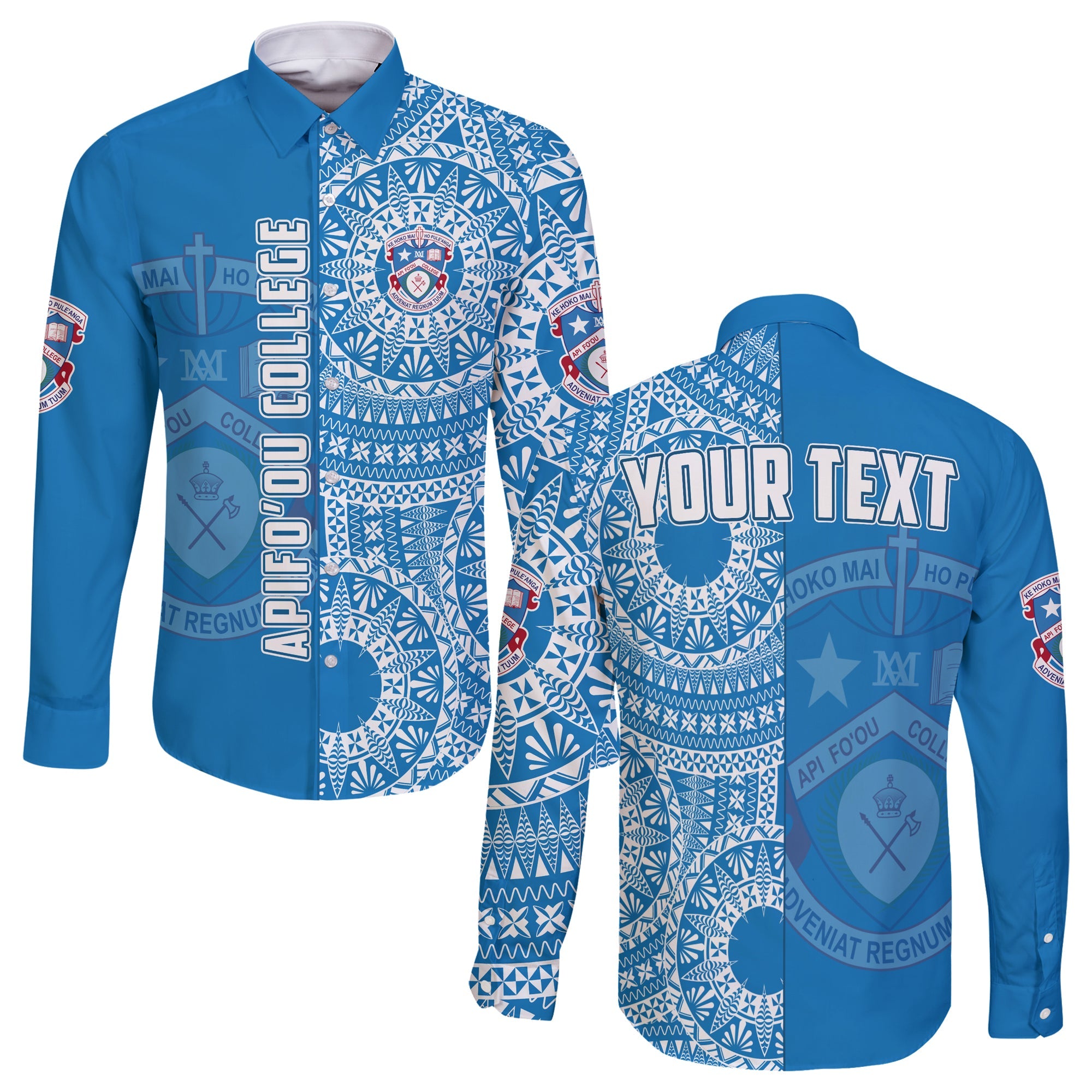 (Custom Personalised) Apifoou Tonga College Long Sleeve Button Shirt Tongan Ngatu Pattern LT14 Unisex Blue - Polynesian Pride