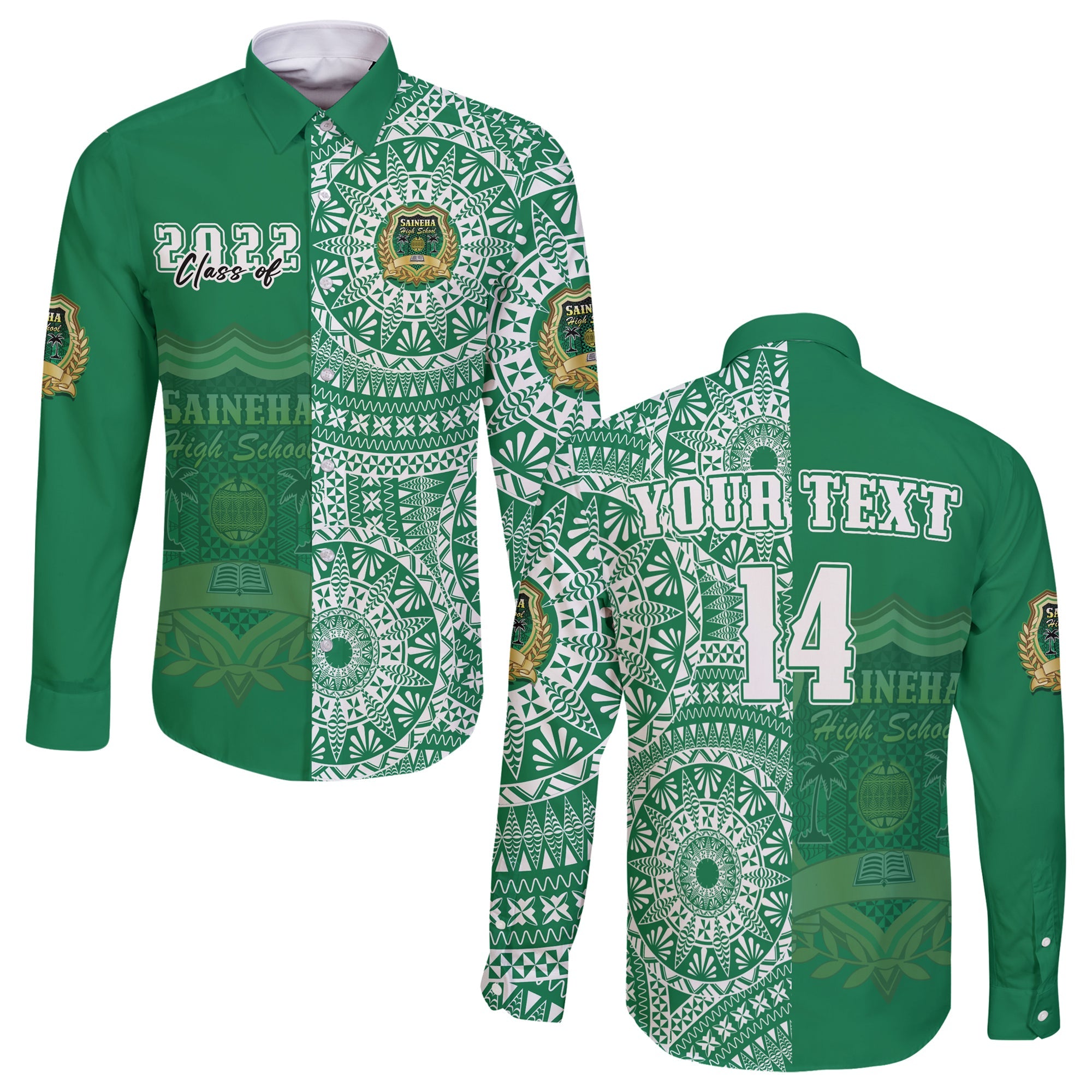 (Custom Text And Number) Tonga Saineha High School Long Sleeve Button Shirt Class Of Year Tongan Ngatu Pattern LT14 Unisex Green - Polynesian Pride