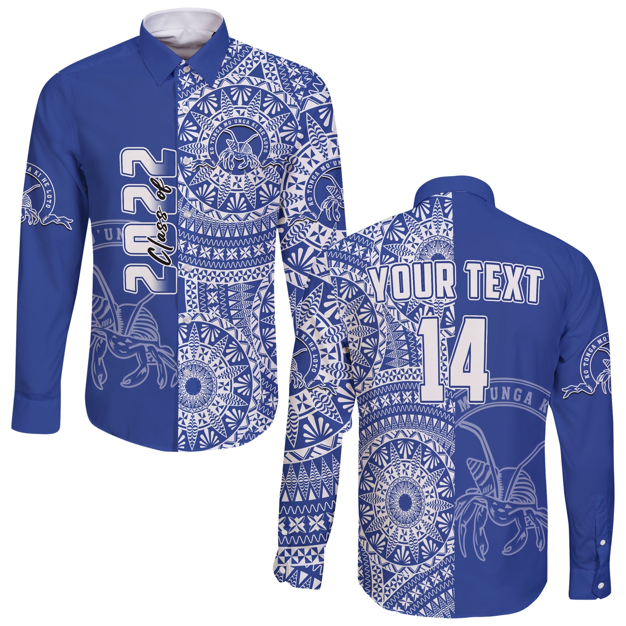 (Custom Text And Number) Tupou Tonga College Long Sleeve Button Shirt Class Of Year Tongan Ngatu Pattern LT14 Unisex Blue - Polynesian Pride