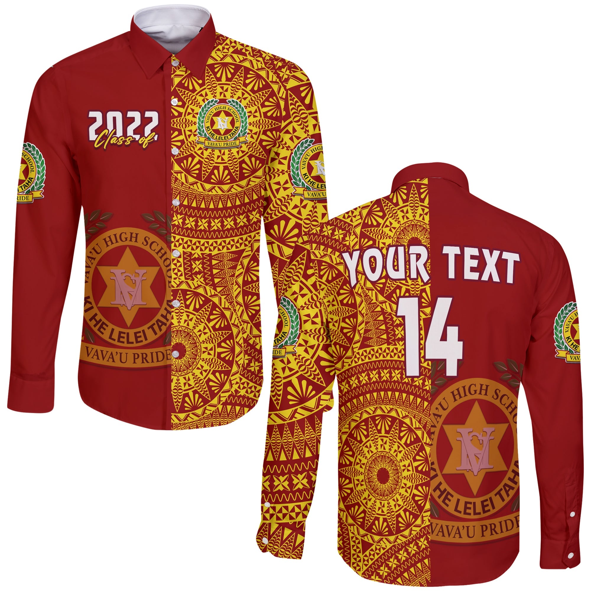 (Custom Text And Number) Tonga Vavau High School Long Sleeve Button Shirt Class Of Year Tongan Ngatu Pattern LT14 Unisex Red - Polynesian Pride