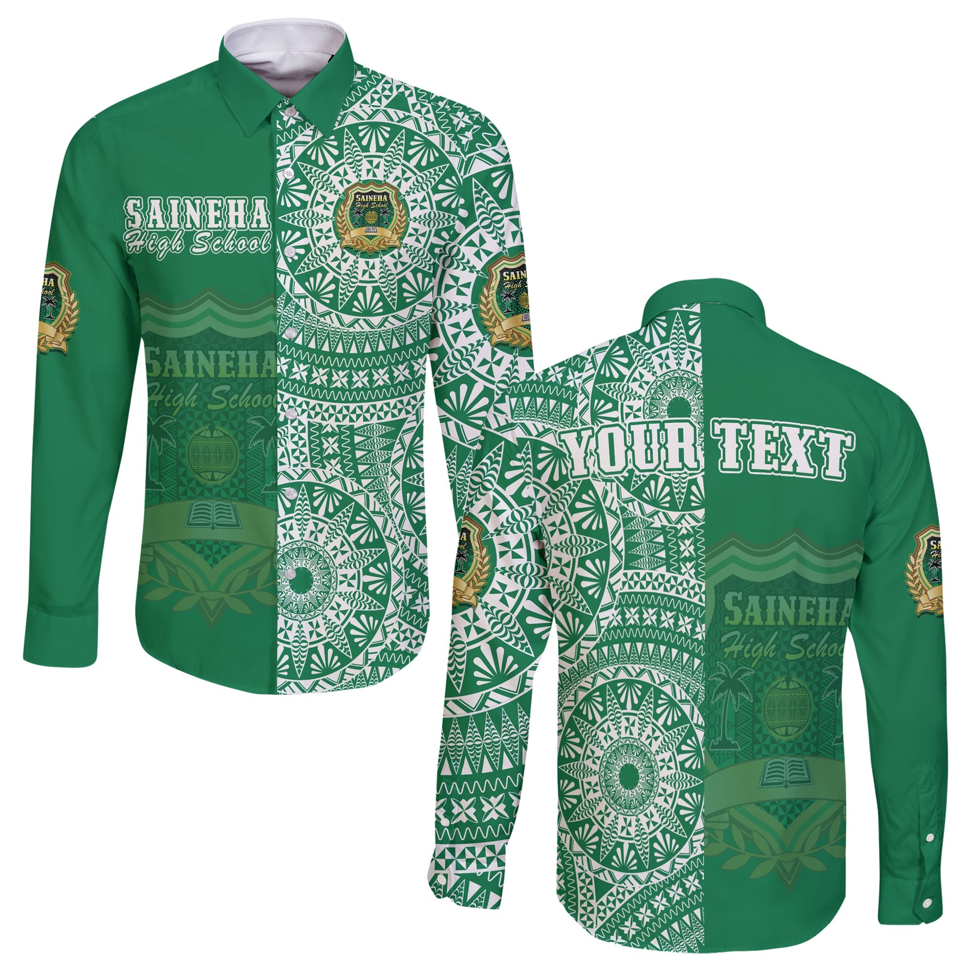 (Custom Personalised) Tonga Saineha High School Long Sleeve Button Shirt Tongan Ngatu Pattern LT14 Unisex Green - Polynesian Pride