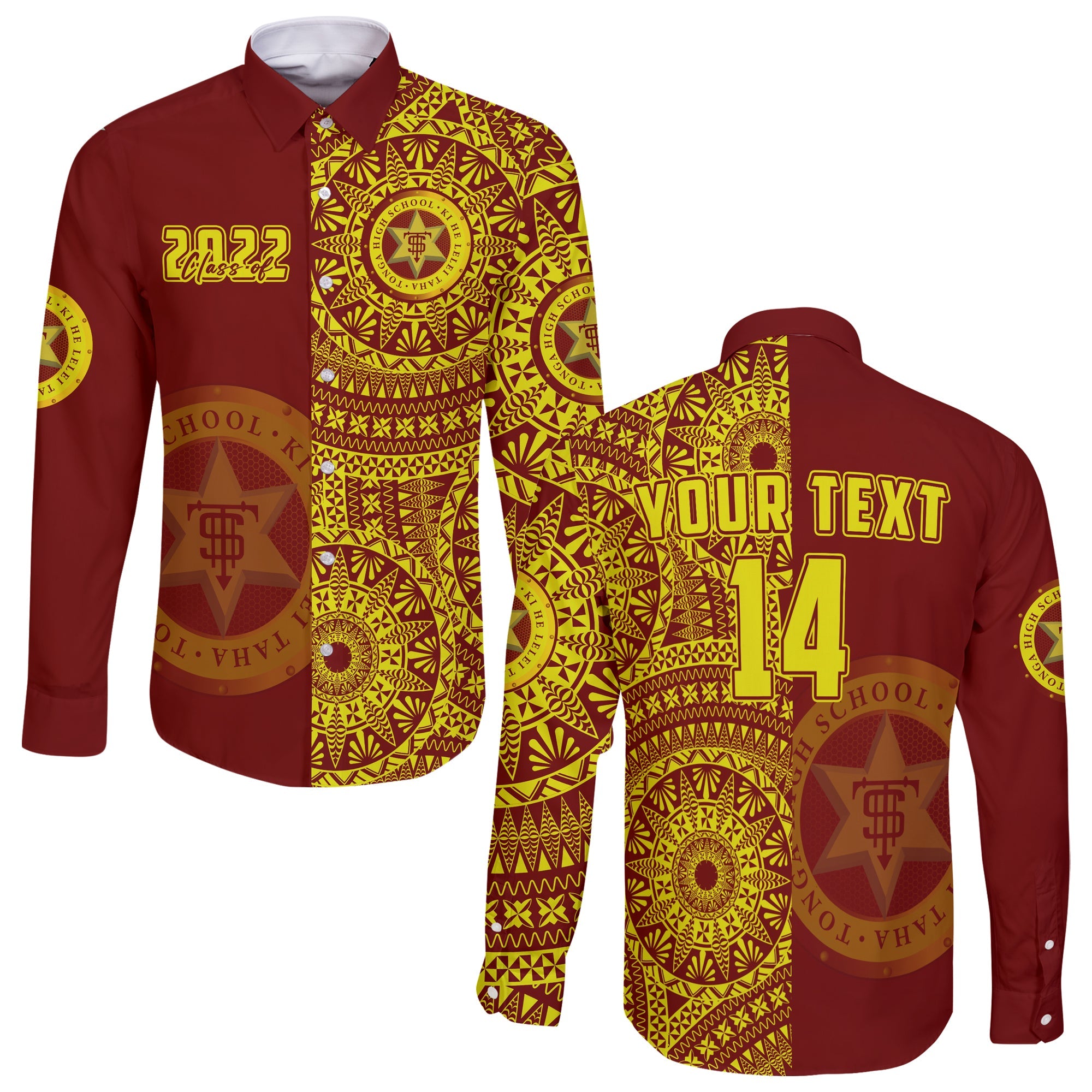 (Custom Text And Number) Tonga High School Long Sleeve Button Shirt Class Of Year Tongan Ngatu Pattern LT14 Unisex Red - Polynesian Pride