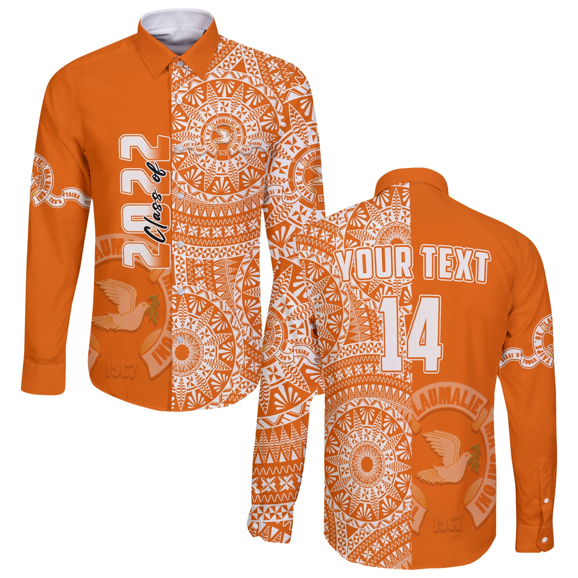 (Custom Text And Number) Tailulu Tonga College Long Sleeve Button Shirt Class Of Year Tongan Ngatu Pattern LT14 Unisex Orange - Polynesian Pride