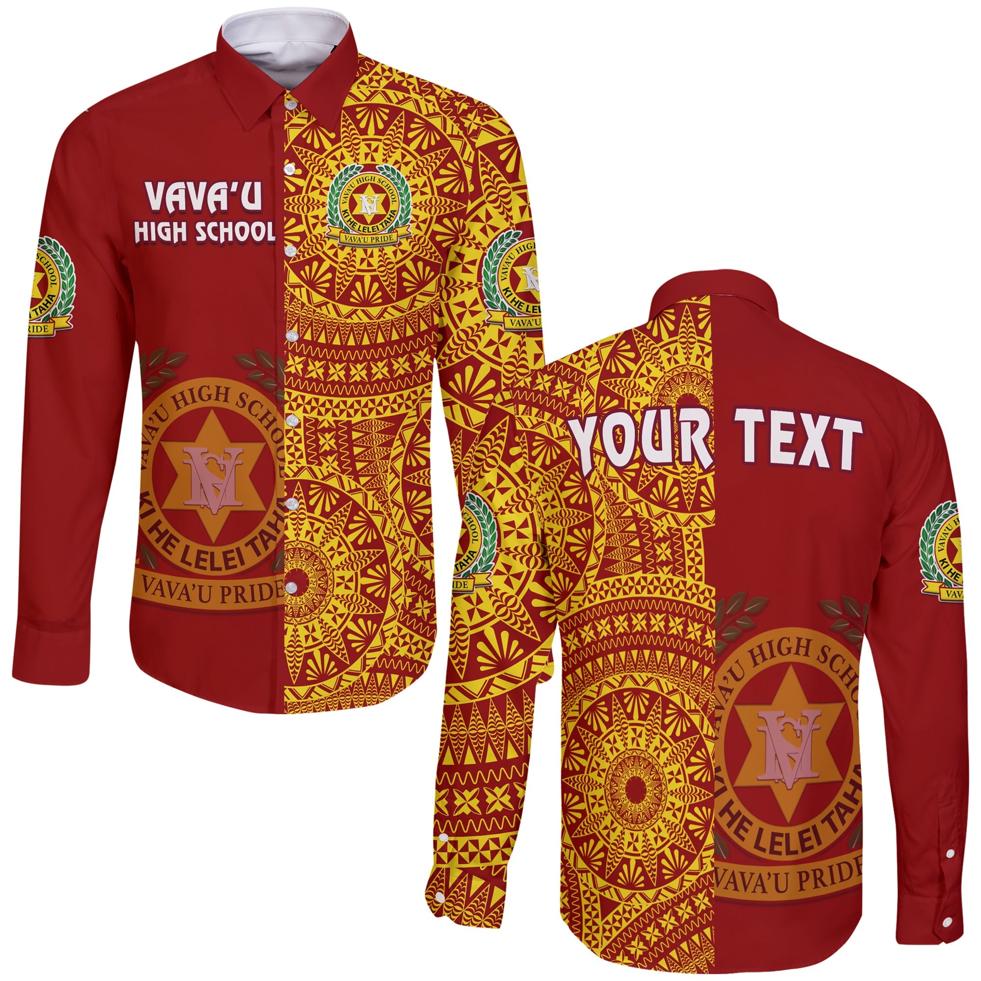 (Custom Personalised) Tonga Vavau High School Long Sleeve Button Shirt Tongan Ngatu Pattern LT14 Unisex Red - Polynesian Pride