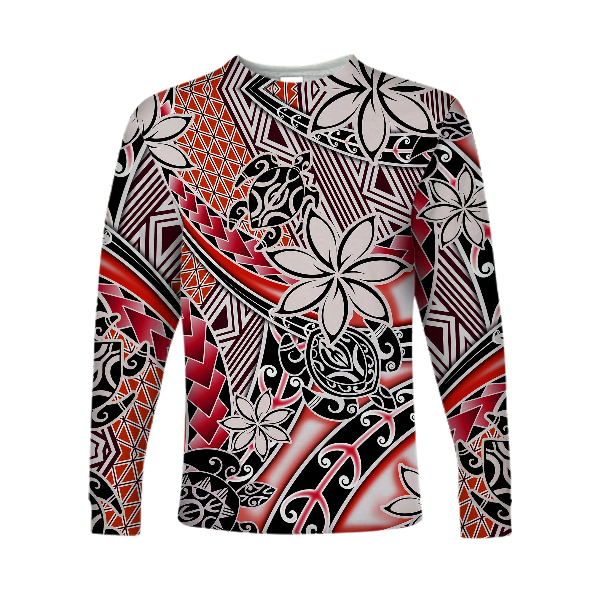 (Custom Personalised) Hawaii Long Sleeve Shirt Tribal Plumeria With Polynesian Turtle Ver.03 LT14 Unisex Red - Polynesian Pride