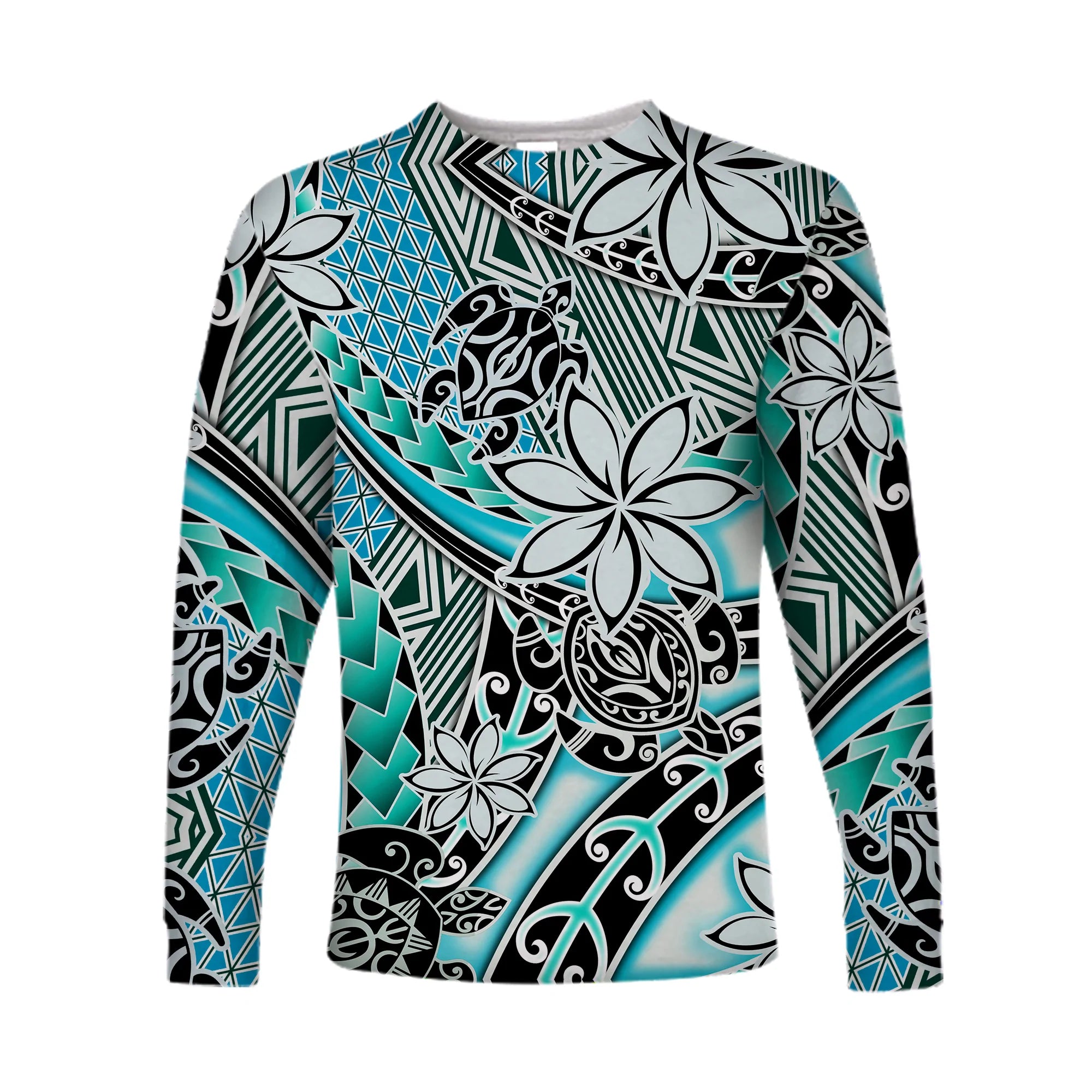 (Custom Personalised) Hawaii Long Sleeve Shirt Tribal Plumeria With Polynesian Turtle Ver.04 LT14 Unisex Turquoise - Polynesian Pride