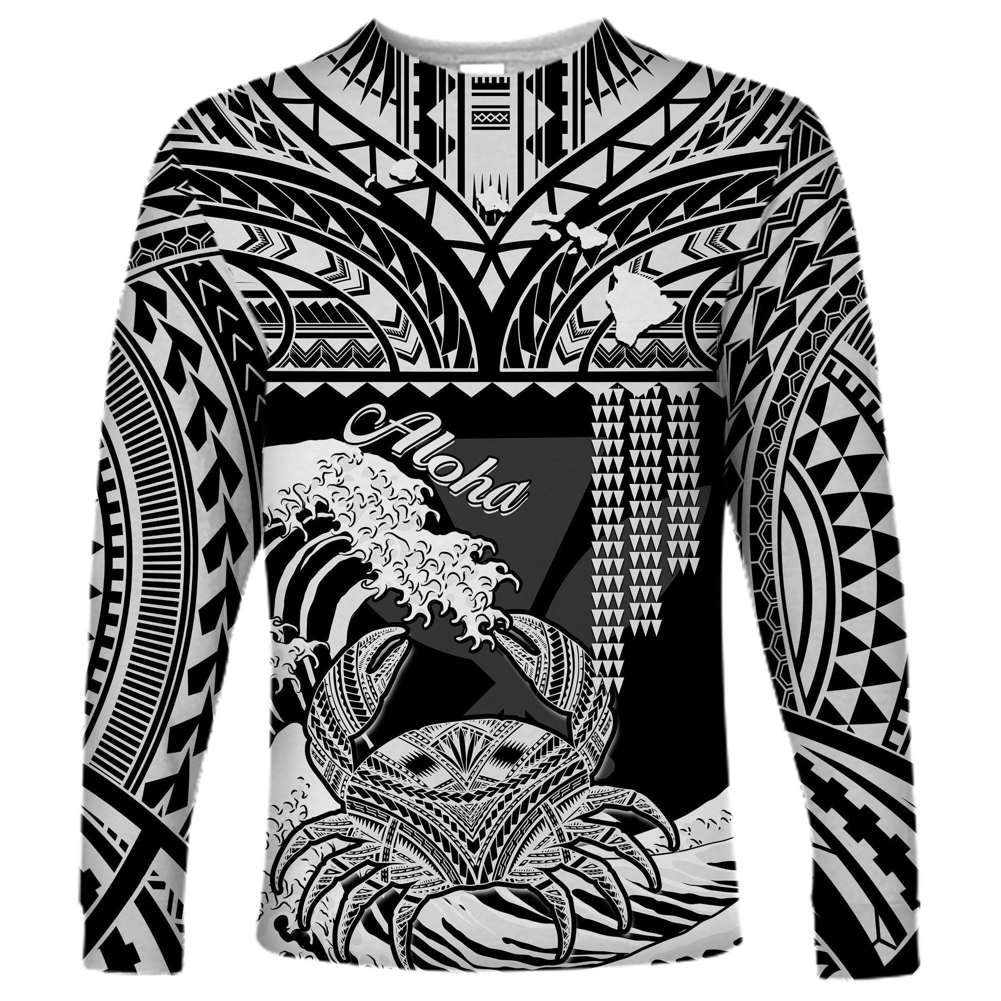 (Custom Personalised) Hawaii Long Sleeve Shirt Kakau Polynesian Crab With Waves Ver.04 LT14 Unisex Black - Polynesian Pride