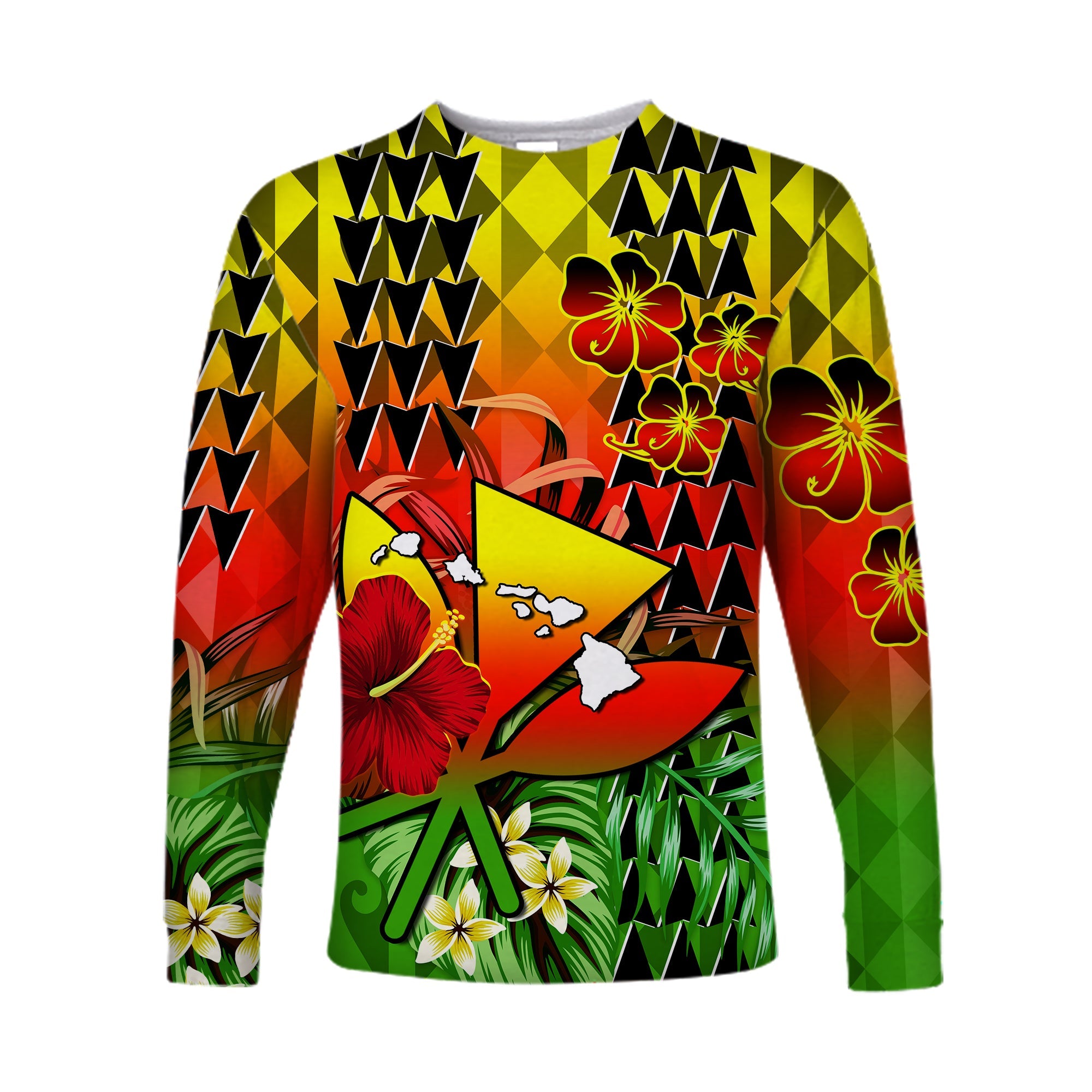 Hawaii Flowers Long Sleeve Shirt Color Tribal Pattern Hawaiian LT13 Unisex Reggae - Polynesian Pride