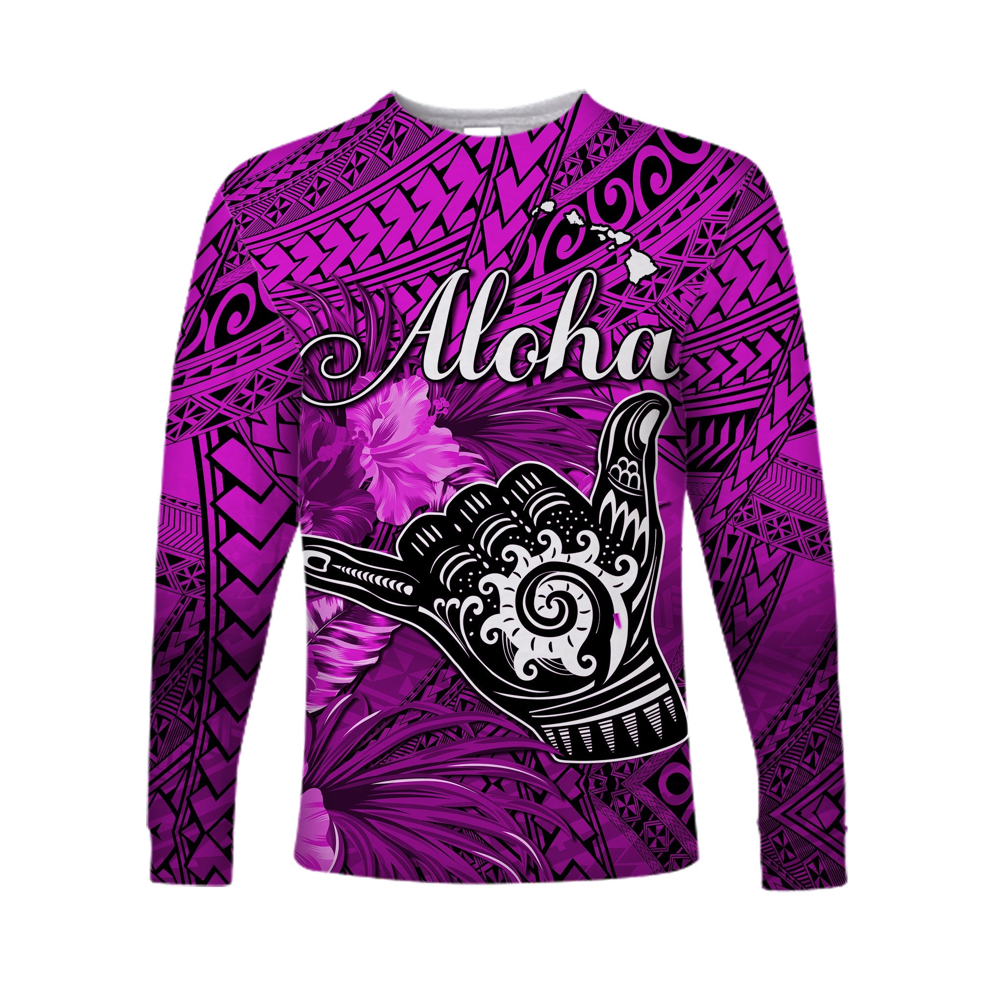 (Custom Personalised) The Shaka Hawaii Long Sleeve Shirt Tropical Flowers Purple Version LT13 Unisex Purple - Polynesian Pride