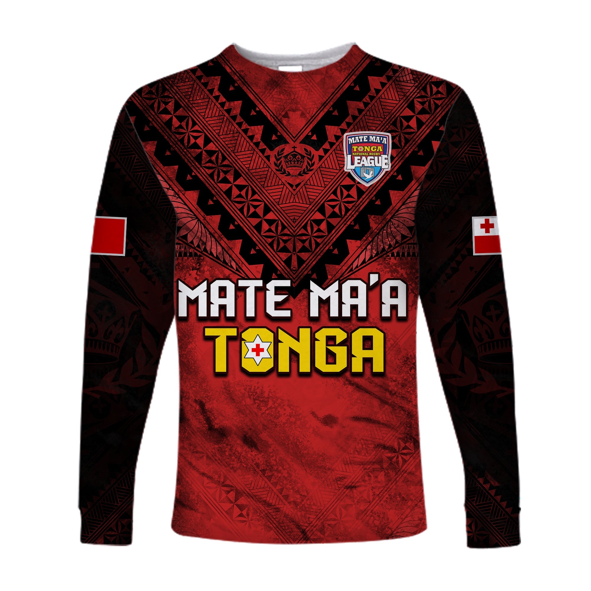 Tonga Rugby MMT Long Sleeve Shirt Ngatu Mate Maa Tonga Grunge LT13 Unisex Red - Polynesian Pride