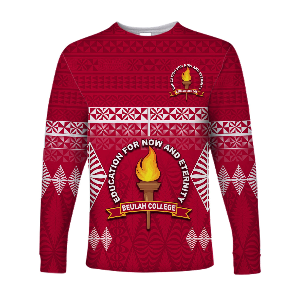 (Custom Text and Number) Beulah College Long Sleeve Shirt Ngatu Pattern Tonga LT13 - Polynesian Pride