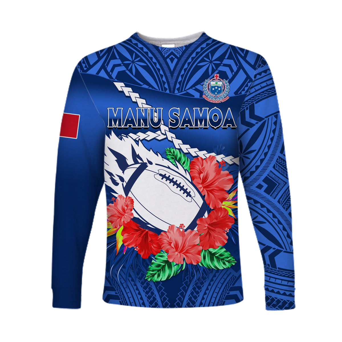 (Custom Text And Number) Samoa Rugby Long Sleeve Shirt Manu Samoa Polynesian Hibiscus Blue Style LT14 - Polynesian Pride