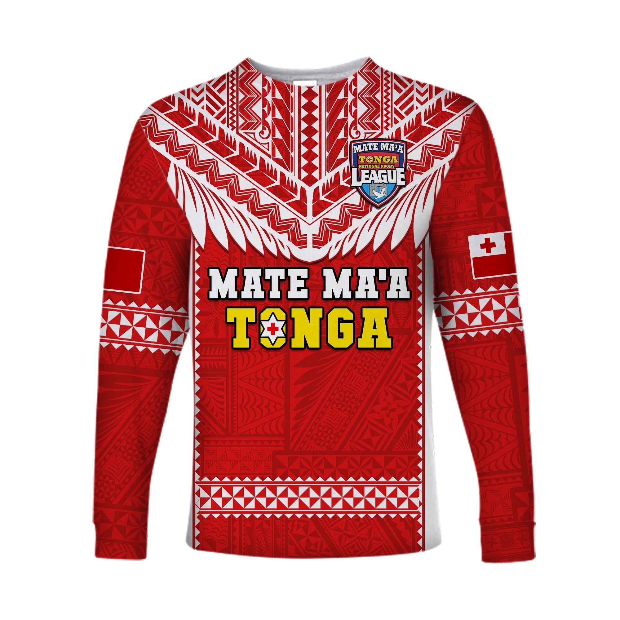 Tonga Rugby Long Sleeve Shirt Mate Maa Tonga Pacific Ngatu White LT14 Unisex Red - Polynesian Pride