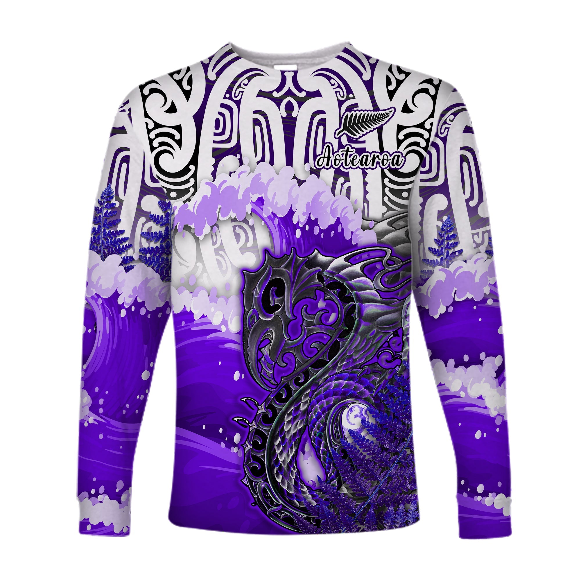 (Custom Personalised) Manaia Maori Long Sleeve Shirt Fern Aotearoa Purple Waves LT13 Unisex Purple - Polynesian Pride