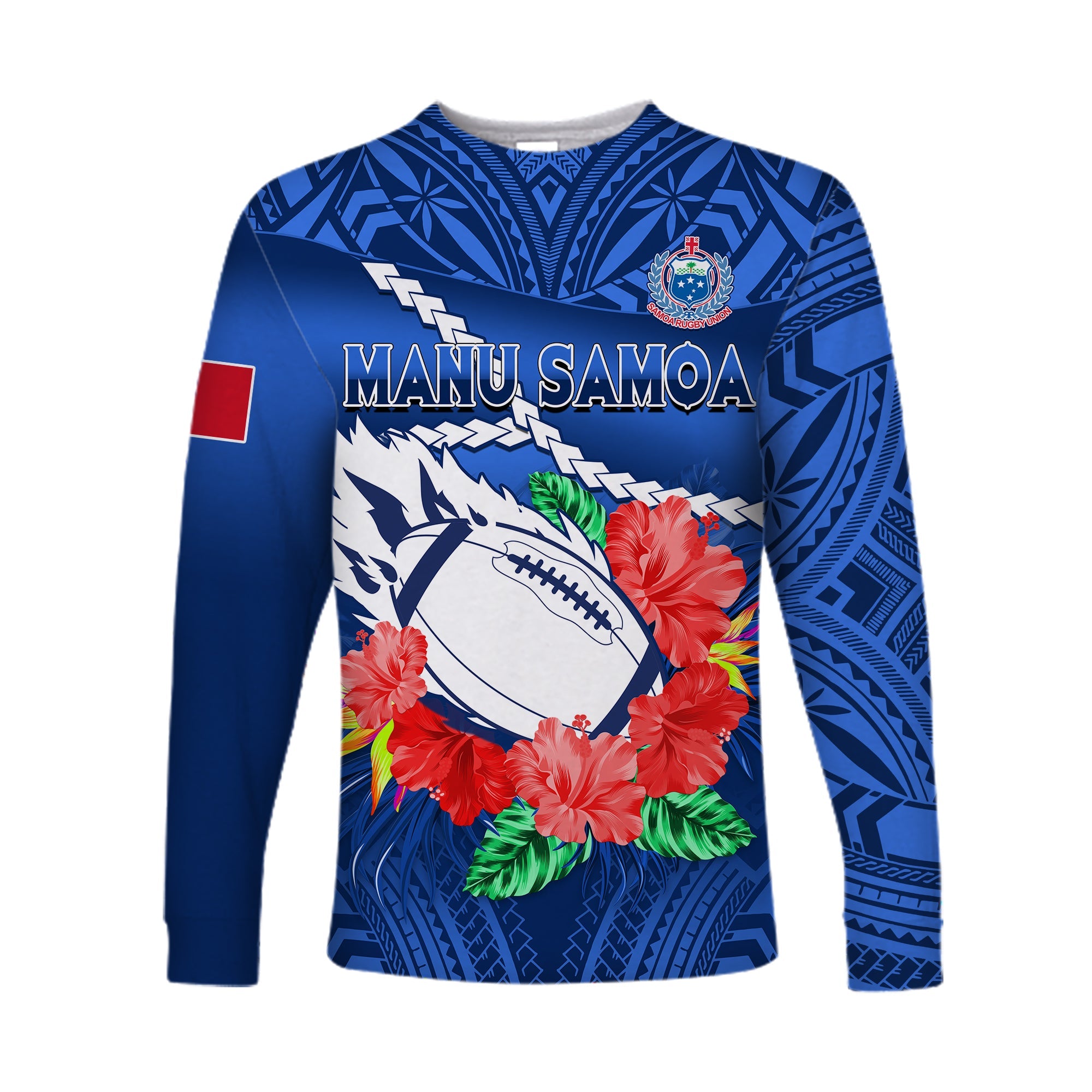 Samoa Rugby Long Sleeve Shirt Manu Samoa Polynesian Hibiscus Blue Style LT14 Unisex Blue - Polynesian Pride