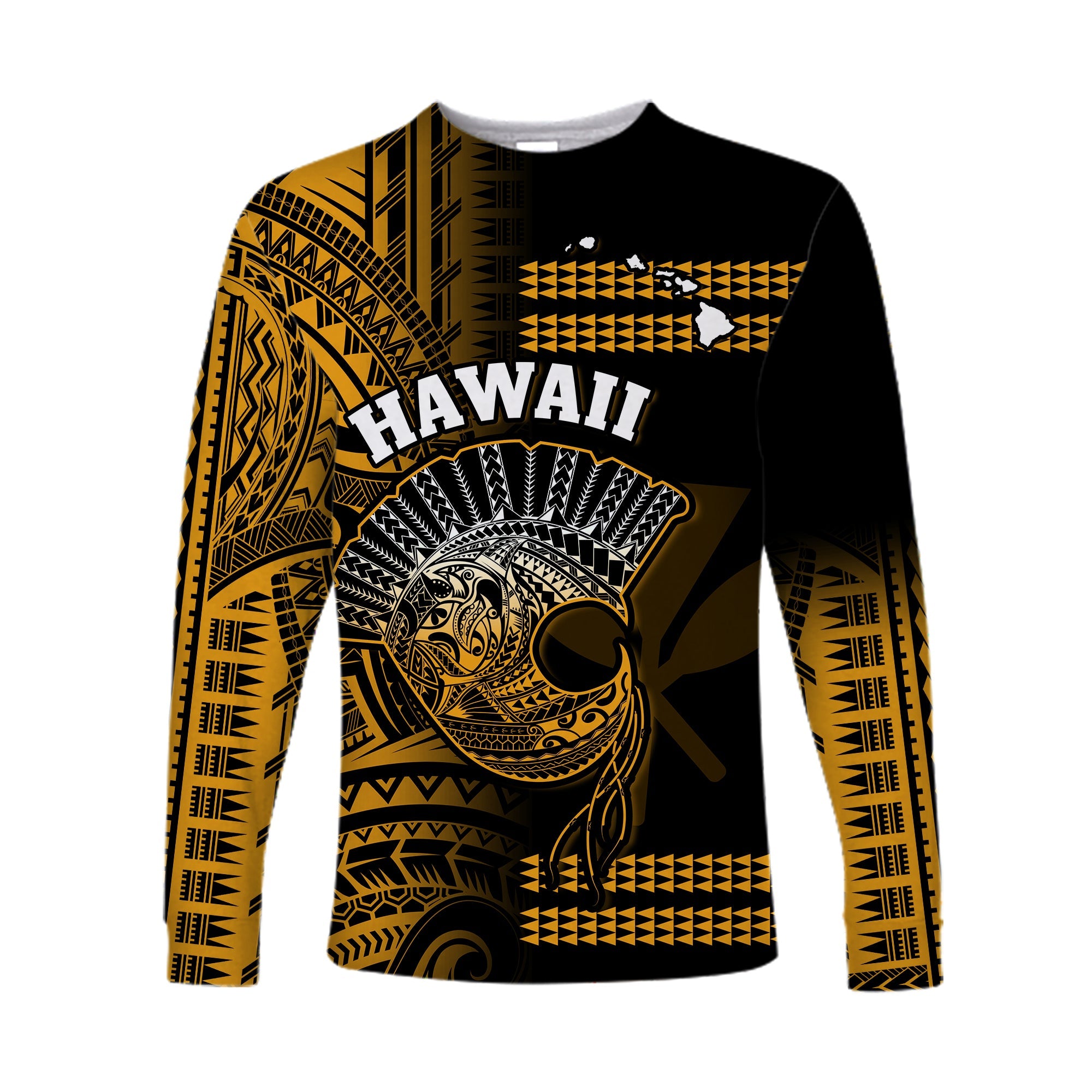 Hawaii Long Sleeve Shirt Kakau Warrior Helmet Gradient Gold Polynesian LT14 Unisex Gold - Polynesian Pride