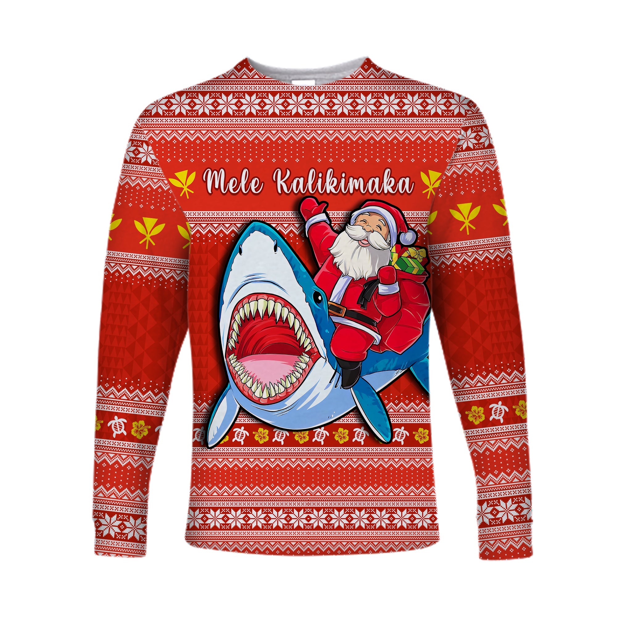 (Custom Personalised) Hawaii Christmas Long Sleeve Shirt Santa Shark Mele Kalikimaka Tribal LT14 Unisex Red - Polynesian Pride