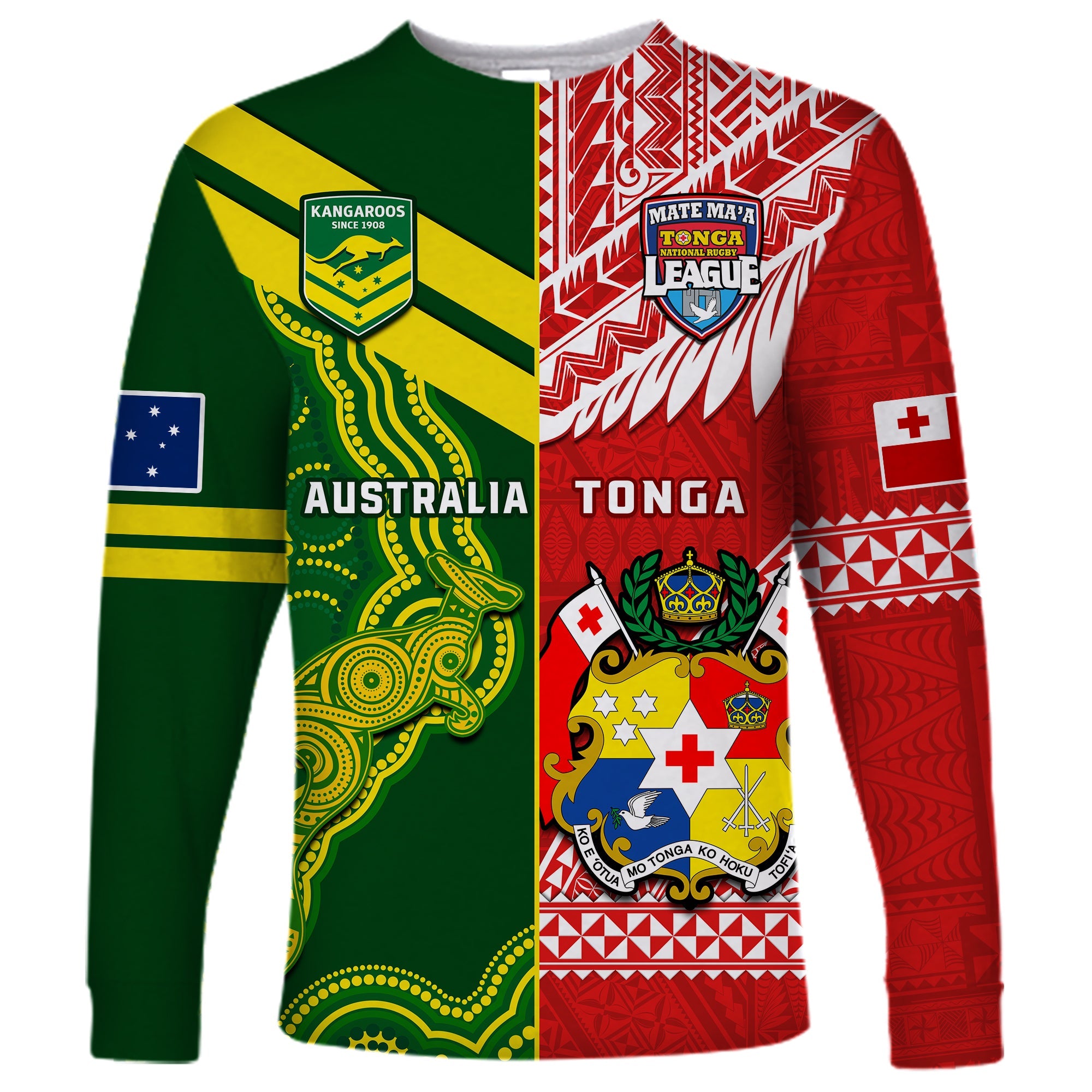 (Custom Personalised) Tonga And Australia Rugby Long Sleeve Shirt Mate Maa Tonga Mix Kangaroos LT14 Unisex Red - Polynesian Pride