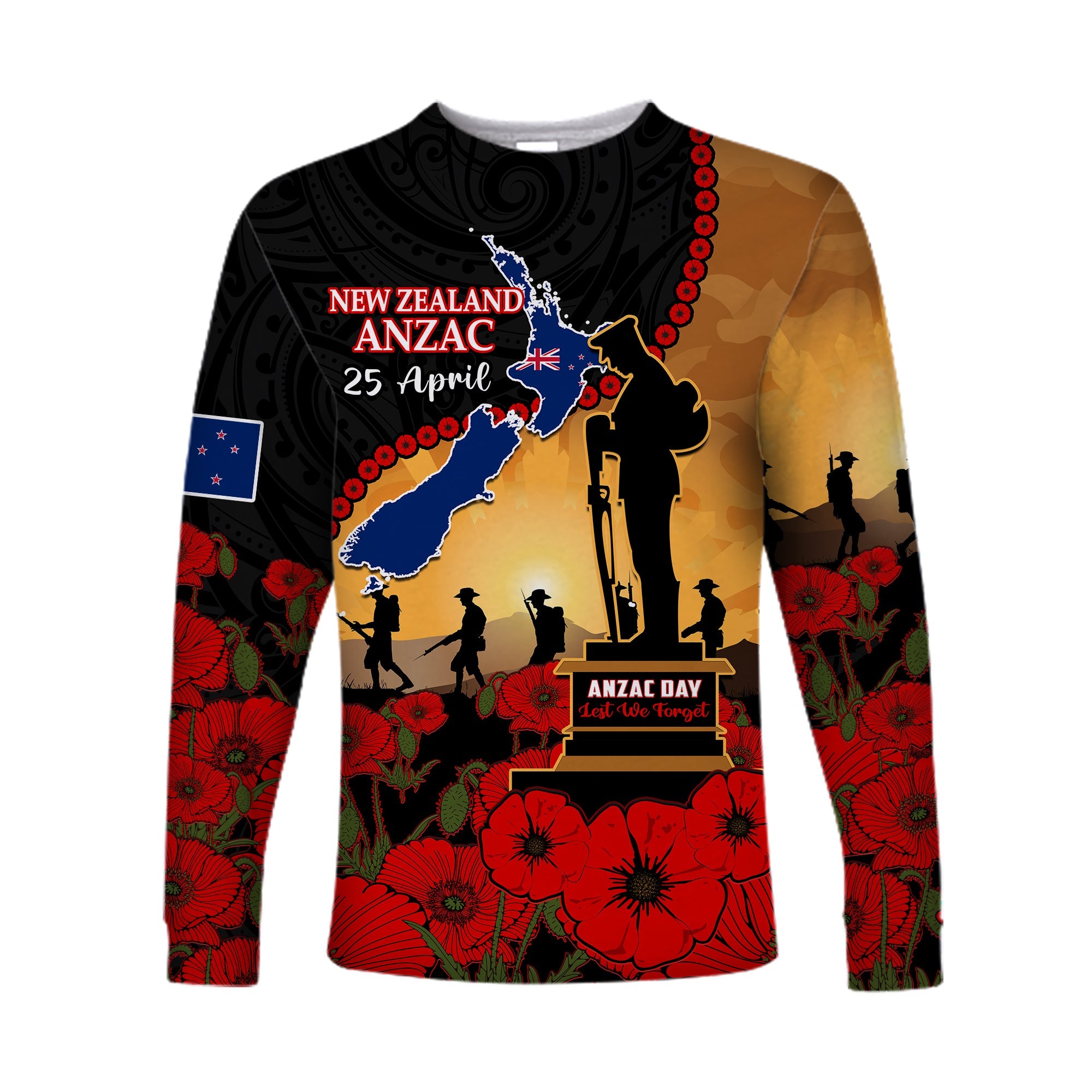 New Zealand Anzac Long Sleeve Shirt Maori Camouflage Mix Poppies We Will Remember Them LT14 Unisex Black - Polynesian Pride