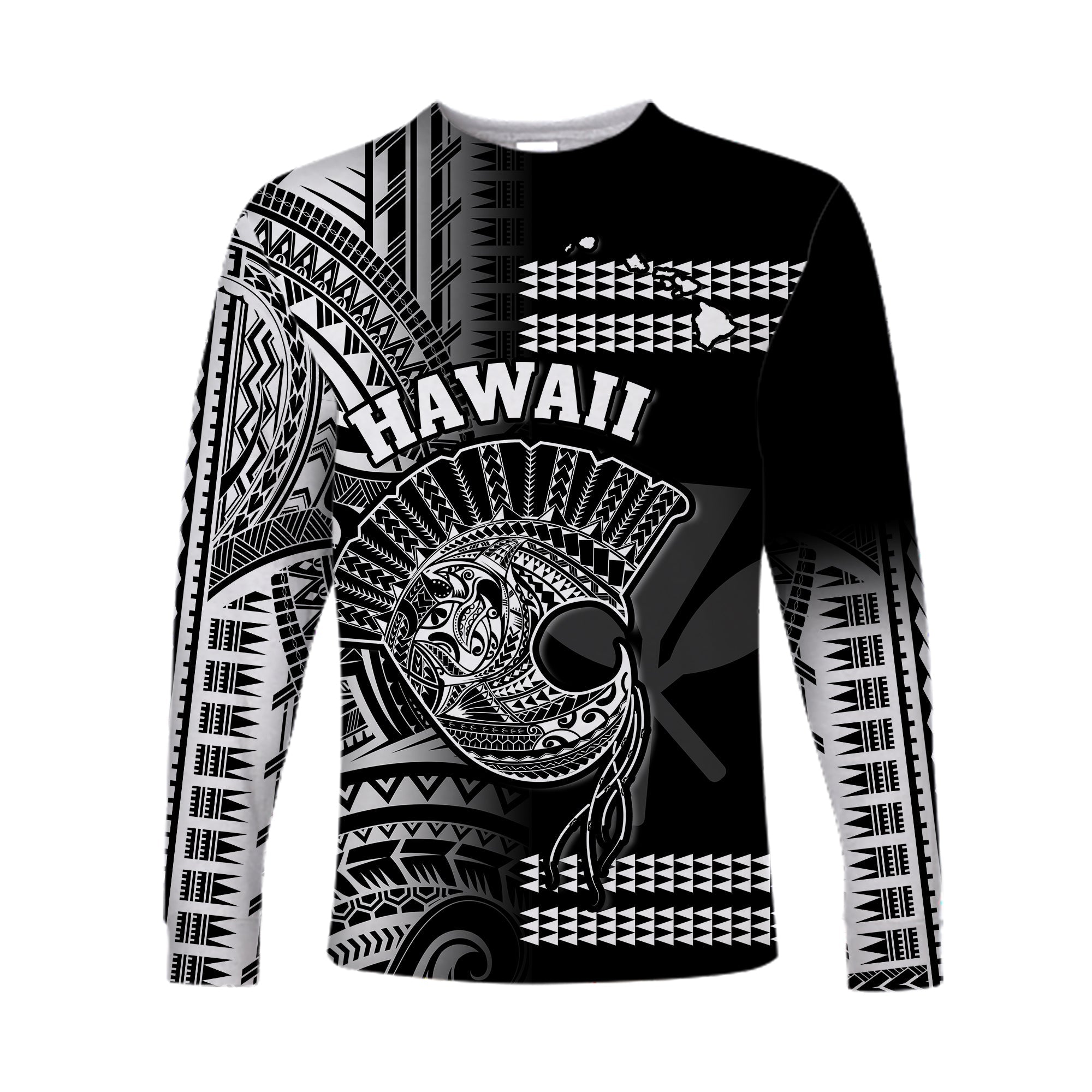 (Custom Personalised) Hawaii Long Sleeve Shirt Kakau Warrior Helmet Gradient White Polynesian LT14 Unisex White - Polynesian Pride