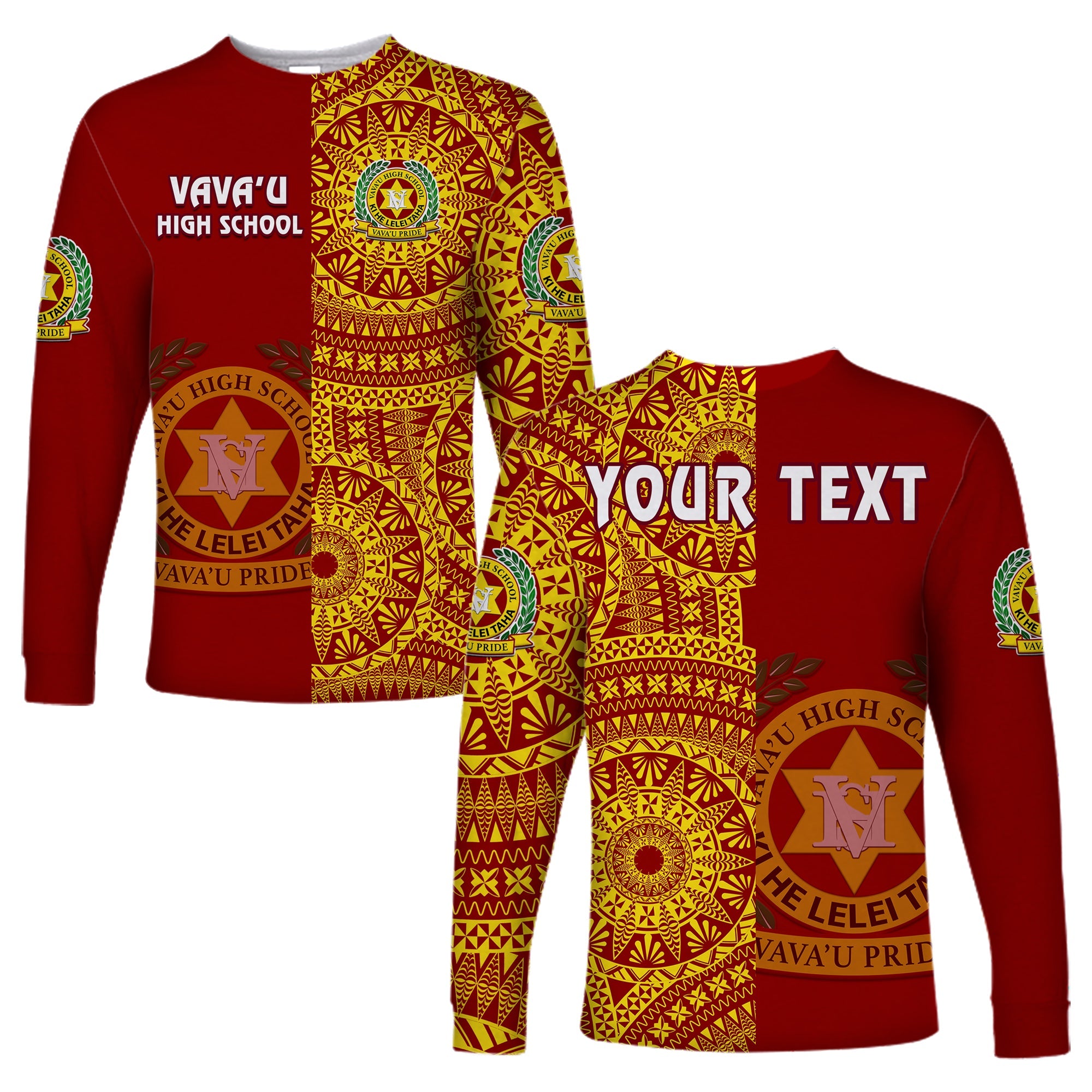 (Custom Personalised) Tonga Vavau High School Long Sleeve Shirt Tongan Ngatu Pattern LT14 Unisex Red - Polynesian Pride