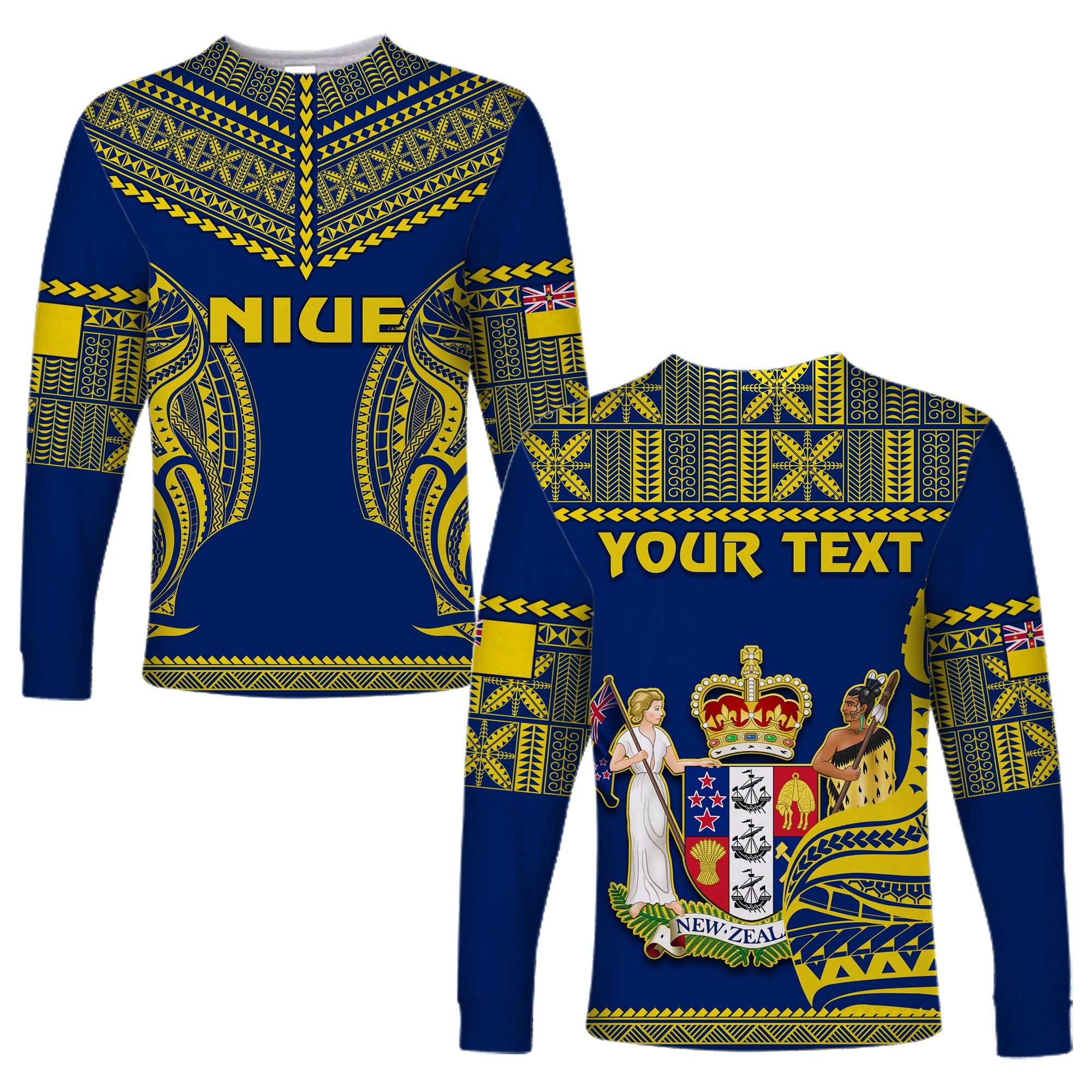 (Custom Personalised) Niue Long Sleeve Shirt Hiapo Mix Polynesian Happy Constitution Day LT14 Unisex Blue - Polynesian Pride