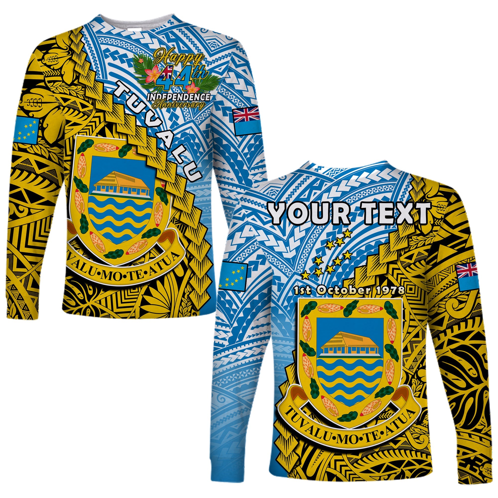 (Custom Personalised) Tuvalu 1978 Long Sleeve Shirt Happy 44th Independence Anniversary Polynesian Pattern LT14 Unisex Yellow - Polynesian Pride