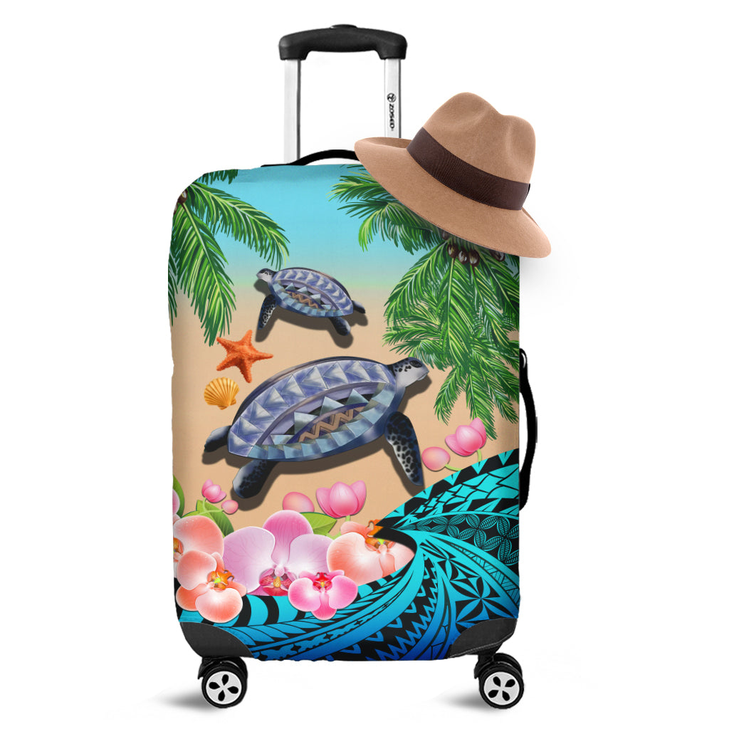 Polynesian Turtle Coconut Tree And Orchids Luggage Cover LT14 Blue - Polynesian Pride