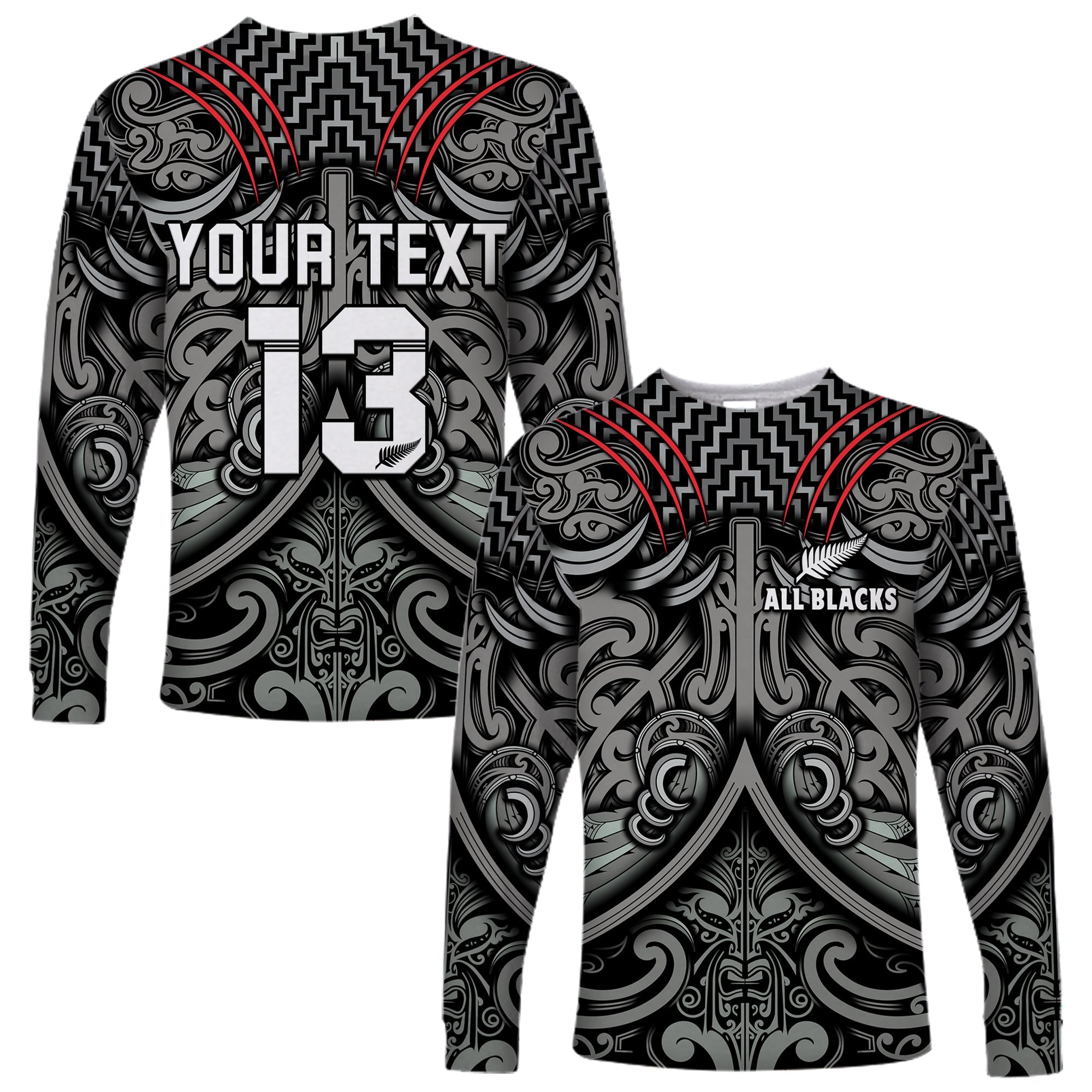 (Custom Text and Number) New Zealand Silver Fern Rugby Long Sleeve Shirt All Black NZ Maori Pattern LT13 Unisex Black - Polynesian Pride