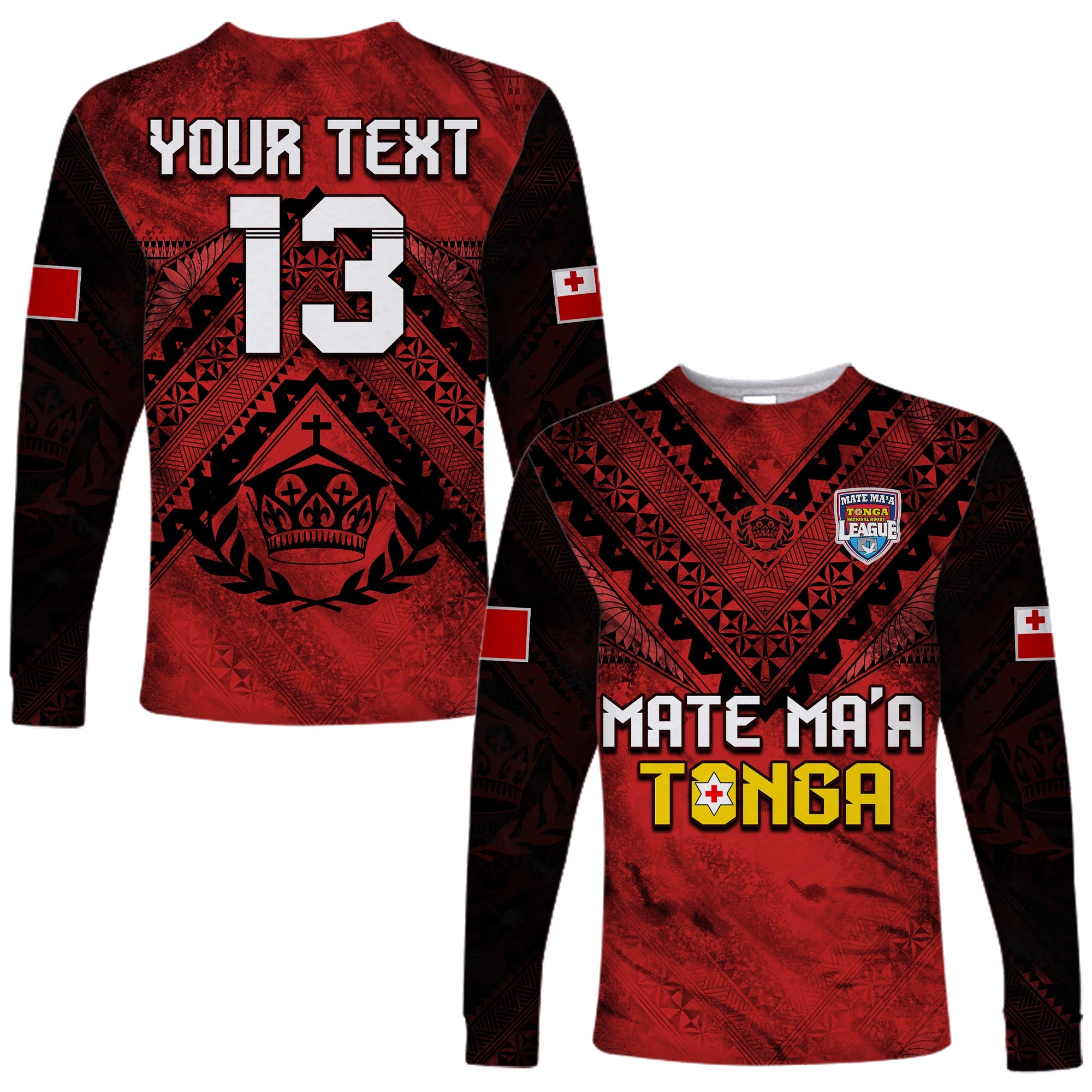 (Custom Text and Number) Tonga Rugby MMT Long Sleeve Shirt Ngatu Mate Maa Tonga Grunge LT13 Unisex Red - Polynesian Pride