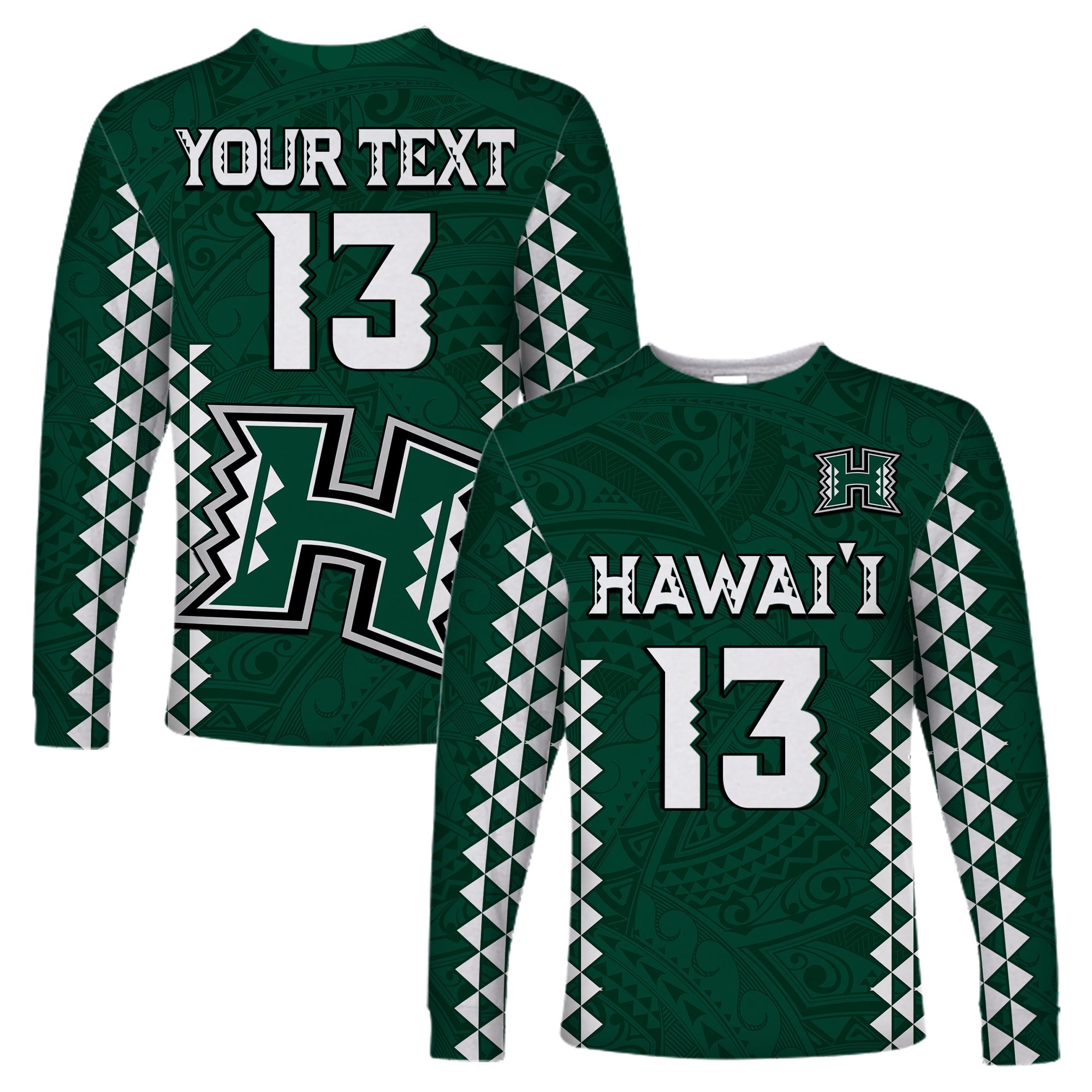 (Custom Text and Number) Hawaii Football Long Sleeve Shirt Kakau Warrior Be Stronger LT13 Unisex Green - Polynesian Pride