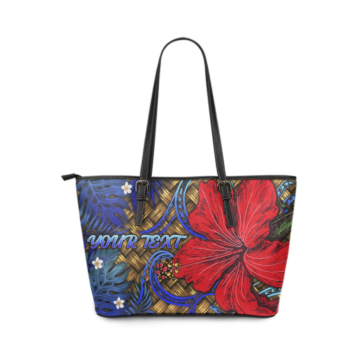 Hawaii Lauhala Hibiscus Polynesian Tropical Large Leather Tote Blue - Wake Style - AH Blue - Polynesian Pride