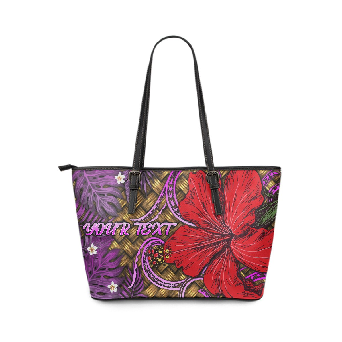 Hawaii Lauhala Hibiscus Polynesian Tropical Large Leather Tote Pink - Wake Style - AH Blue - Polynesian Pride