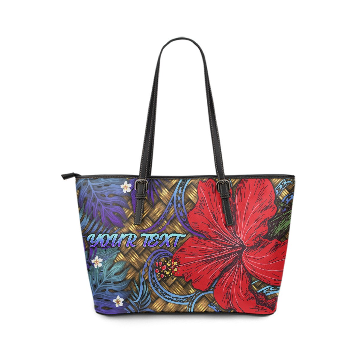 Hawaii Lauhala Hibiscus Polynesian Tropical Large Leather Tote Purple - Wake Style - AH Blue - Polynesian Pride