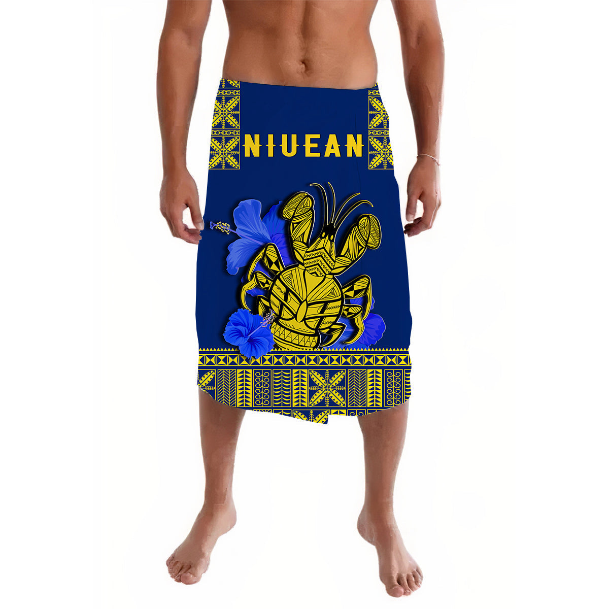 Niue Lavalava Happy Constitution Day Niuean Hiapo Crab With Map LT14 Blue - Polynesian Pride